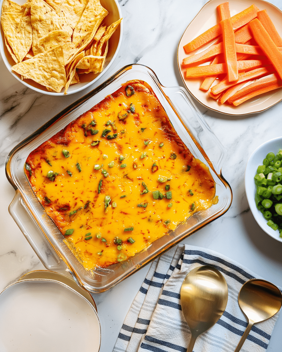 A clear glass baking dish filled with a golden baked cheese dip, topped with melted cheddar cheese that has some browned spots and sprinkled with chopped green onions. To the top left, a white bowl holds crunchy triangular yellow tortilla chips, while on the top right, a white plate carries bright orange carrot sticks cut into thick strips. Below the baking dish are two stacked white plates with a gold rim, and to the bottom right is a gold spoon resting on a white and blue striped cloth napkin. All items are placed on a white marbled surface. Photo taken with an iphone --ar 4:5 --v 7