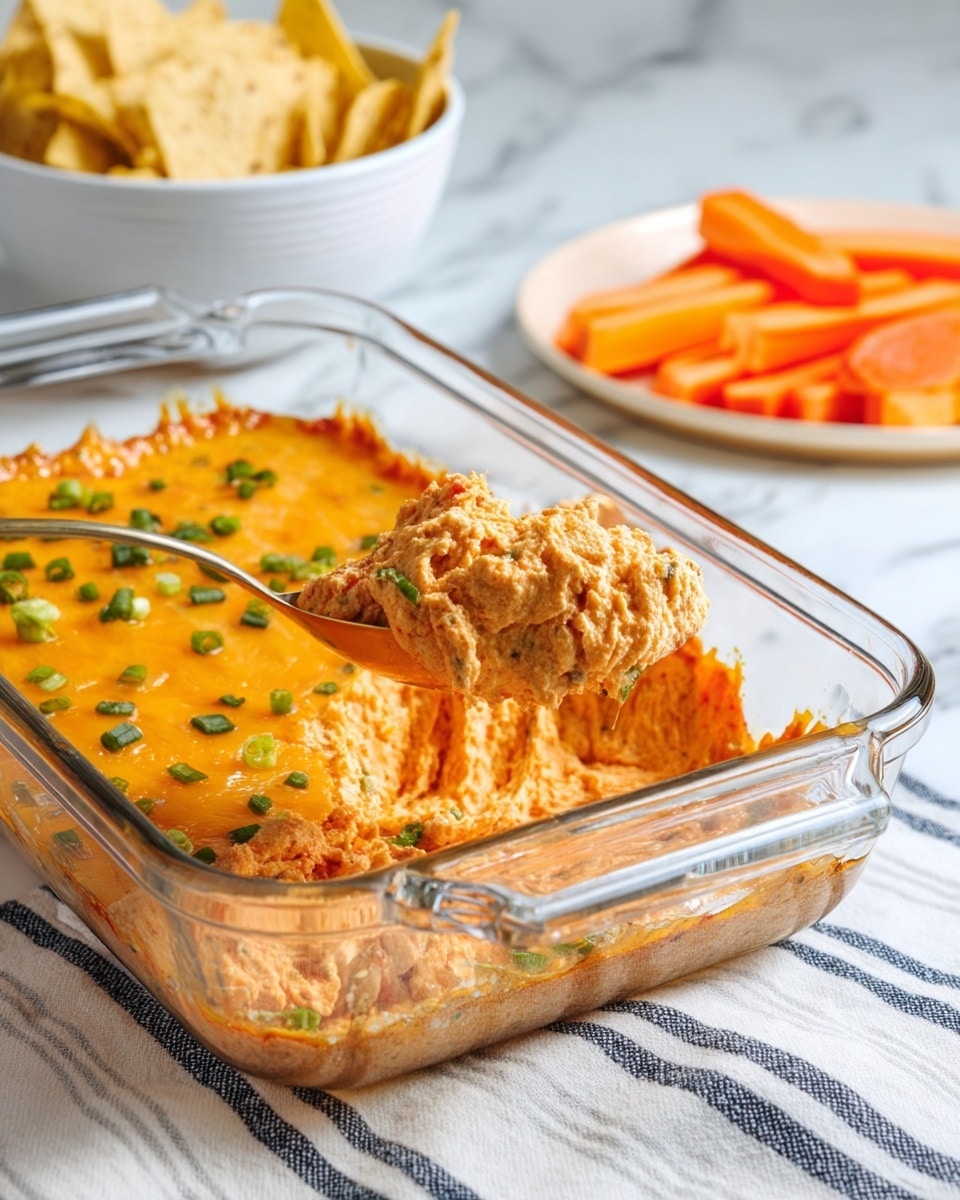 A clear rectangular glass baking dish holds a layered cheesy dip, with the bottom layer showing a smooth, light brown spread mixed with bits of red seasoning, topped by a thick, melted orange cheese layer sprinkled with finely chopped green onions. A silver spoon lifts a portion of the dip, revealing a creamy middle layer with specks of green and a slightly chunky texture. In the background, a white bowl contains yellow tortilla chips, and a white plate holds thick, bright orange carrot sticks. The scene is set on a white marbled surface with a striped cloth in the foreground. photo taken with an iphone --ar 4:5 --v 7