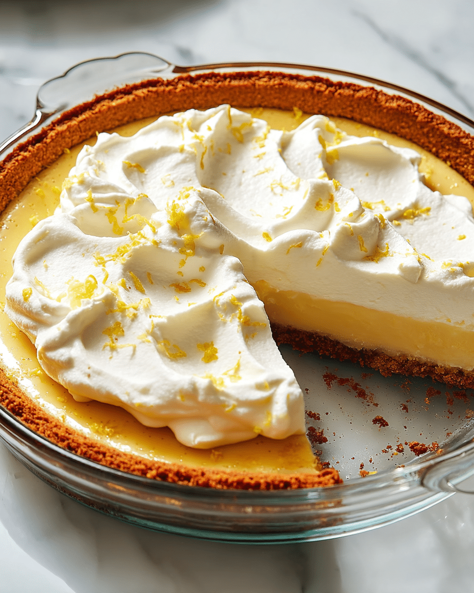 A close-up view of a pie with three visible layers: the bottom layer is a golden-brown crumbly crust pressed around the edges of a clear round glass pie dish, the middle layer is a smooth, glossy pale yellow filling, and the top layer consists of thick, fluffy white whipped cream spread unevenly over the filling with small yellow lemon zest pieces sprinkled on top. One slice of the pie has been removed, revealing the inside layers clearly. The dish is set on a white marbled surface with a silver pie server partially visible on the right side. photo taken with an iphone --ar 4:5 --v 7