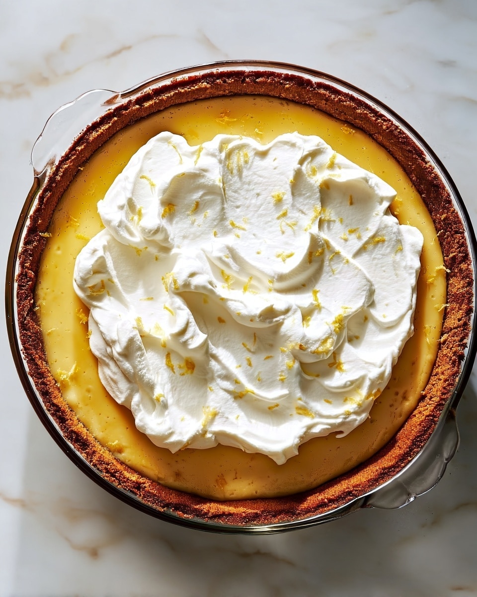 A lemon pie is shown in a clear glass pie dish with a thick, crumbly brown crust that forms the base and edges. Inside the crust, there is a smooth, bright yellow lemon filling that looks glossy and dense. On top of the lemon filling, a large dollop of fluffy white whipped cream is spread unevenly with soft swirls and peaks. Tiny pieces of yellow lemon zest are sprinkled over the whipped cream, adding small pops of color. The pie is placed on a white marbled surface. photo taken with an iphone --ar 4:5 --v 7
