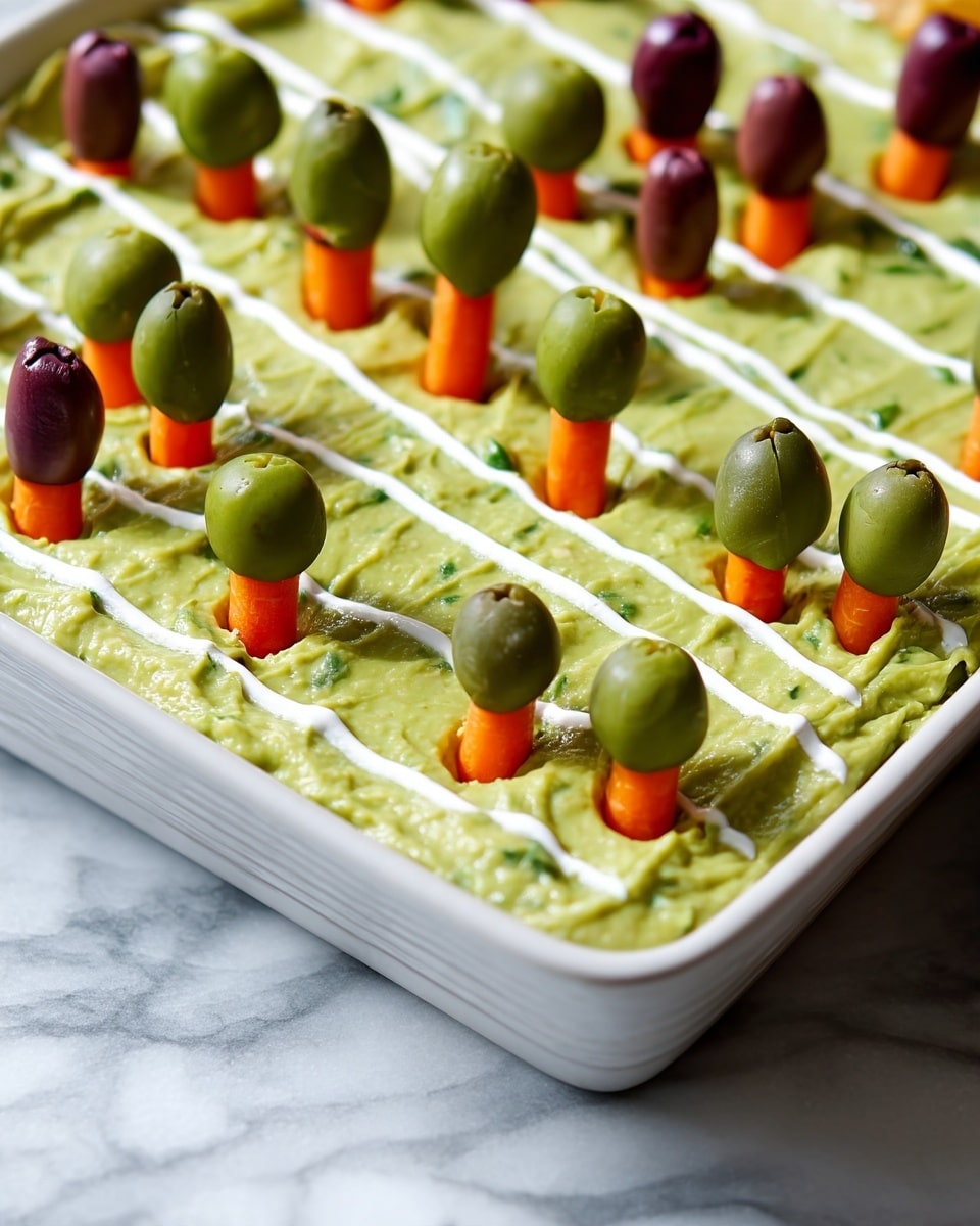 A white rectangular dish filled with a smooth, light green guacamole spread evenly as the first layer, topped with thin white lines of sour cream running horizontally. On top, there are small vertical carrot sticks each holding either a green or purple olive, arranged in neat rows resembling a garden. The corners of the dish show a bit of orange cheese dip and some white tortilla chips. The background is a white marbled texture. photo taken with an iphone --ar 4:5 --v 7