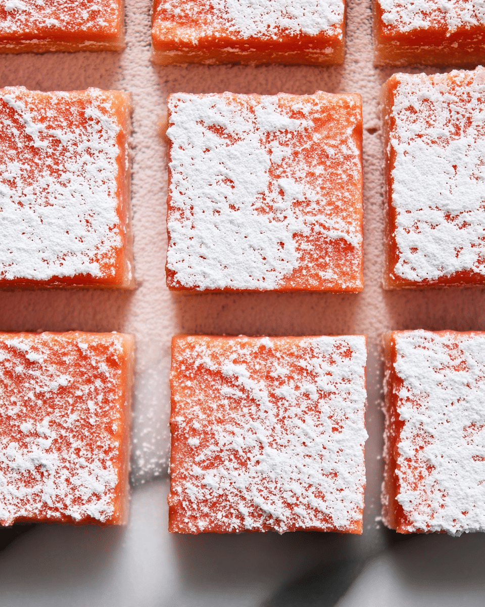 The image shows a stack of four square layered dessert bars placed on a white marble surface. Each bar has two distinct layers: a thick, light golden bottom layer with a crumbly texture and a thinner, glossy pinkish-orange top layer that looks smooth and slightly translucent. The top of the stack and surrounding area are lightly dusted with powdered sugar. To the right, there is a glass with a cold drink containing ice cubes and a hint of reddish fruit pieces. In the lower right corner, a fresh red strawberry with visible seeds and texture rests on the marble surface. The overall scene is bright and clean with soft lighting. photo taken with an iphone --ar 4:5 --v 7