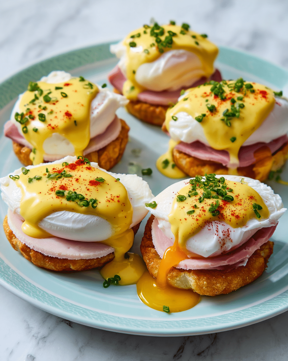 The dish shows several pieces of eggs Benedict arranged on a white plate with a light blue edge, placed on a white marbled surface. Each piece has three layers: the bottom one is a golden brown crispy base, the middle layer is pinkish sliced ham, and the top layer is a soft white poached egg with smooth yellow hollandaise sauce dripping down the sides. The hollandaise sauce is sprinkled with bright green chopped chives and a light dusting of red paprika. One of the eggs has a broken yolk flowing onto the plate, adding a rich golden-yellow color to the scene. Photo taken with an iphone --ar 4:5 --v 7