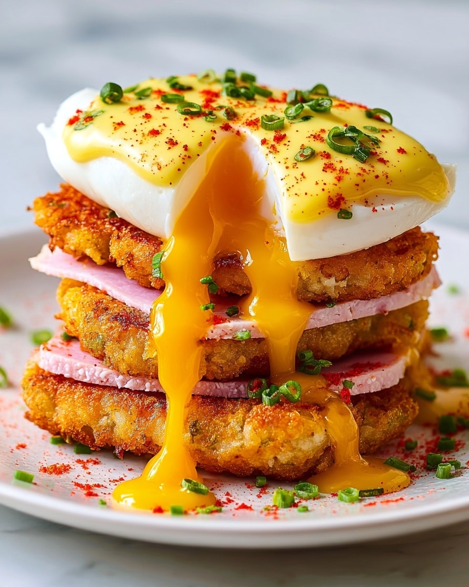 A close-up of a dish shows four layers stacked on a white plate over a white marbled surface. The bottom layer is a golden brown, crispy hash brown patty with a rough texture. Resting on it is a pink slice of ham, smooth and slightly shiny. Above that is a poached egg with a firm, white outer layer, cut open to reveal a bright yellow runny yolk flowing down the sides. The top layer is a creamy yellow hollandaise sauce draped over the egg, sprinkled with small green chopped chives and red paprika powder. photo taken with an iphone --ar 4:5 --v 7