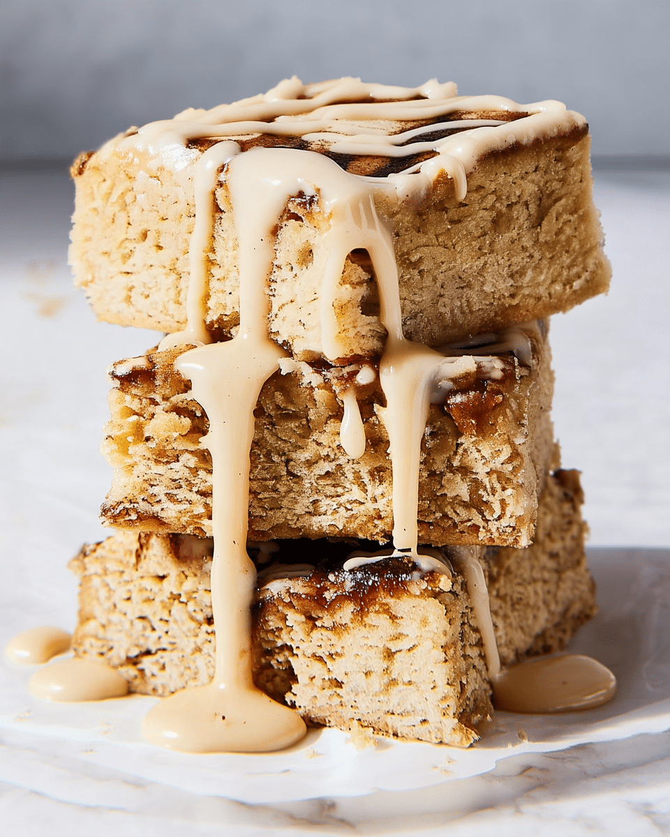 The image shows square dessert bars with two main layers. The bottom layer is a soft, light tan cake. The top layer has a shiny dark brown swirl pattern, likely a cinnamon or chocolate swirl, spread unevenly. Over this swirl pattern, there is a thick, light cream-colored icing drizzled in random lines covering parts of the top. The bars are cut into neat squares and placed close together on a surface with a white marbled texture. photo taken with an iphone --ar 4:5 --v 7