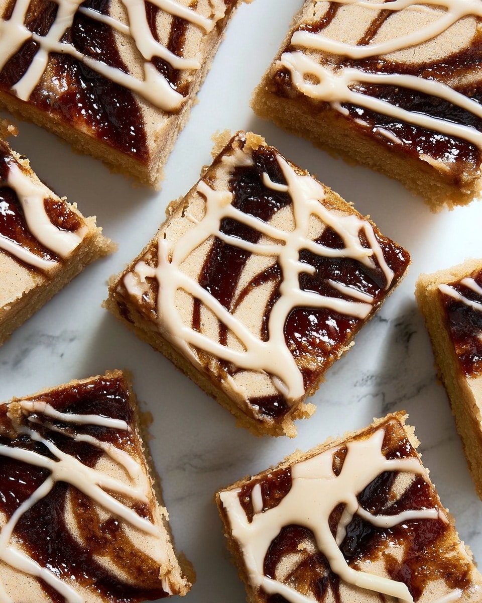 A stack of three square blondie bars with a light brown, crumbly texture is shown close up. The top blondie is drizzled generously with a smooth, light beige glaze that runs down the sides and drips onto the middle and bottom layers. The middle and bottom blondies have a slightly darker swirled layer visible near the top edges. The stack rests directly on a white marbled surface, with the glaze creating a glossy contrast against the matte texture of the blondies. photo taken with an iphone --ar 4:5 --v 7