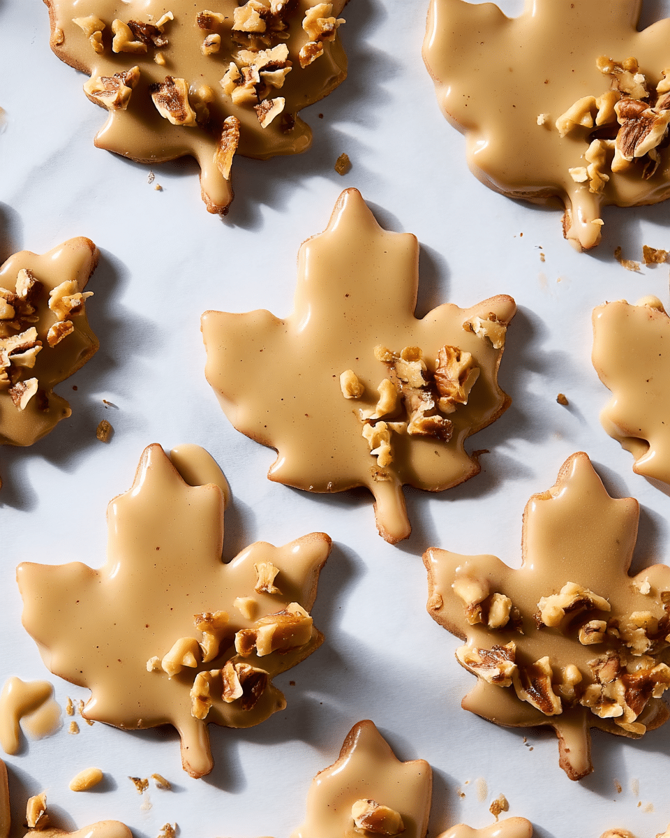 Several maple leaf-shaped cookies are spread out on a sheet of parchment paper placed on a white marbled surface, each cookie having a smooth light brown frosting layer. Some of the cookies have small clusters of crushed walnuts sprinkled unevenly on one side of the top surface, adding a textured contrast to the smooth frosting. The cookies are arranged without overlapping, showing the detailed leaf veins and edges, with a few walnut pieces scattered around them. photo taken with an iphone --ar 4:5 --v 7