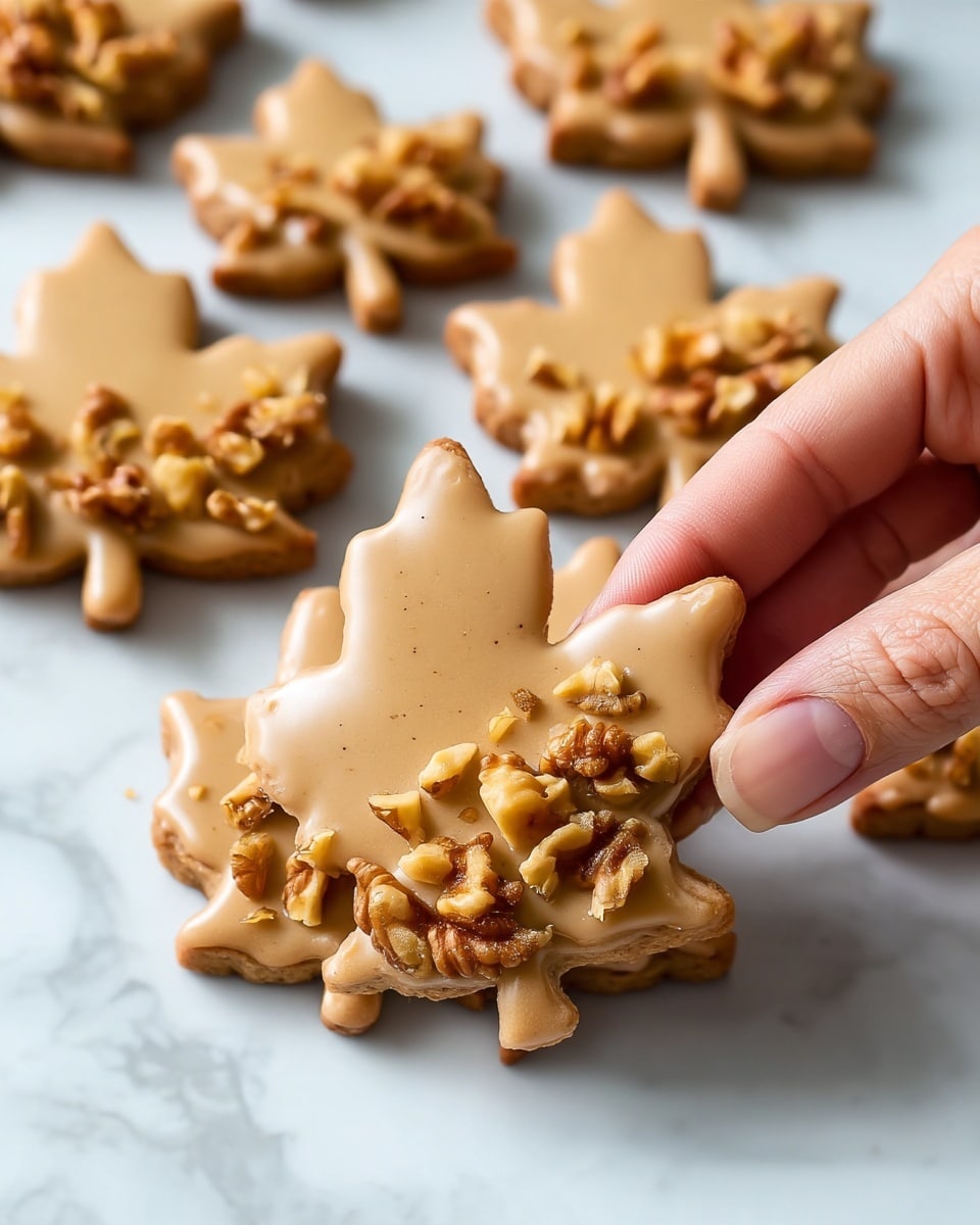 The image shows several maple leaf-shaped cookies with a smooth, light brown icing layer covering the top. On one side of each cookie, there are chopped walnut pieces embedded into the icing, adding a rough texture contrast. A woman's hand is gently picking up one cookie from the pile, with the fingers visible in clear detail. The cookies rest on a white marbled textured surface that highlights their warm color and the walnut pieces. photo taken with an iphone --ar 4:5 --v 7