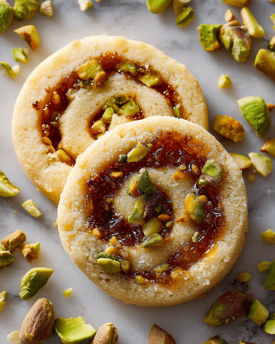 The image shows many round cookies arranged in rows on a white marbled surface. Each cookie has two visible layers: a light beige outer dough forming a spiral shape and a center filling of a shiny dark brown caramel-like layer with small pieces of green pistachio nuts scattered on top and inside the spiral. There are also extra small pistachio bits sprinkled around the cookies on the surface. The cookies have a soft, crumbly texture with the filling slightly glossy and sticky. photo taken with an iphone --ar 4:5 --v 7