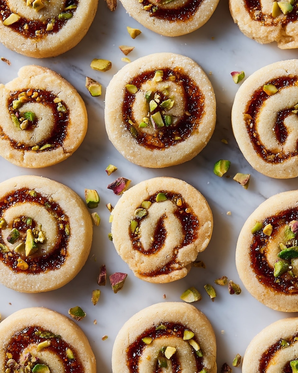 Two round cinnamon swirl cookies are shown close up, each with two main layers: the outer layer is light beige with a soft, crumbly texture, while the inner swirl is a shiny, deep amber syrup filled with small chopped green pistachio nuts embedded throughout. The cookies rest on a flat surface with a white marbled texture, and scattered around them are more irregular pieces of pistachio nuts in shades of green. Photo taken with an iphone --ar 4:5 --v 7