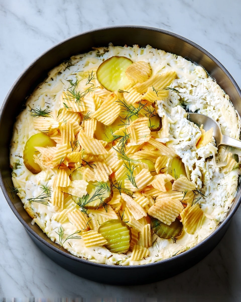 A white pan filled with a creamy white dip with small green herb bits spread evenly across the surface, topped with several bright green pickle slices scattered mainly around the middle, and topped with light golden ridged potato chips layered loosely on top. Small sprigs of fresh dill are sprinkled over the chips and dip, all set on a white marbled surface with more golden ridged potato chips scattered nearby. photo taken with an iphone --ar 4:5 --v 7