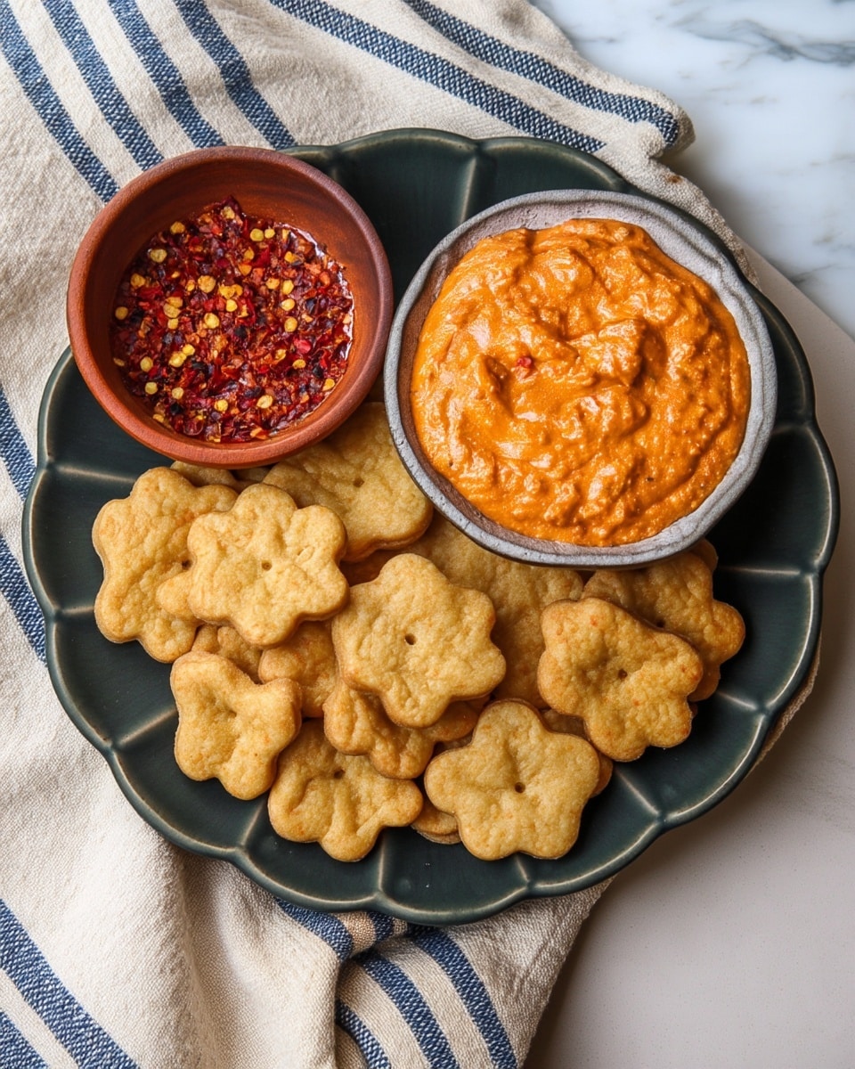 A dark green plate holds many flower-shaped crackers that are light golden brown and have a slightly crispy texture, arranged around a small white bowl filled with a thick, unevenly textured orange dip that looks creamy and rich. Next to the plate, a small round light brown bowl contains a red sauce topped with crushed red pepper flakes. All items are placed on a white marbled surface with a beige and blue striped cloth partly under the plate. photo taken with an iphone --ar 4:5 --v 7