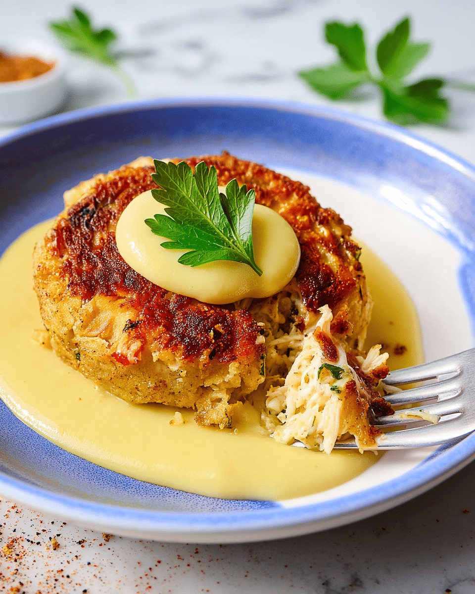 A crispy, golden brown crab cake is centered on a white plate with a blue speckled rim, resting on a smooth, thick pale yellow sauce that spreads evenly around it. The crab cake has a textured crust with darker browned spots and visible shredded crab inside. A smooth dollop of creamy pale yellow sauce sits atop the crab cake, garnished with a fresh green parsley leaf. Part of the crab cake is broken off below, showing the soft, light-colored crab filling inside as a silver fork holds a piece. The plate is placed on a white marbled surface with small scattered spices nearby. Photo taken with an iphone --ar 4:5 --v 7