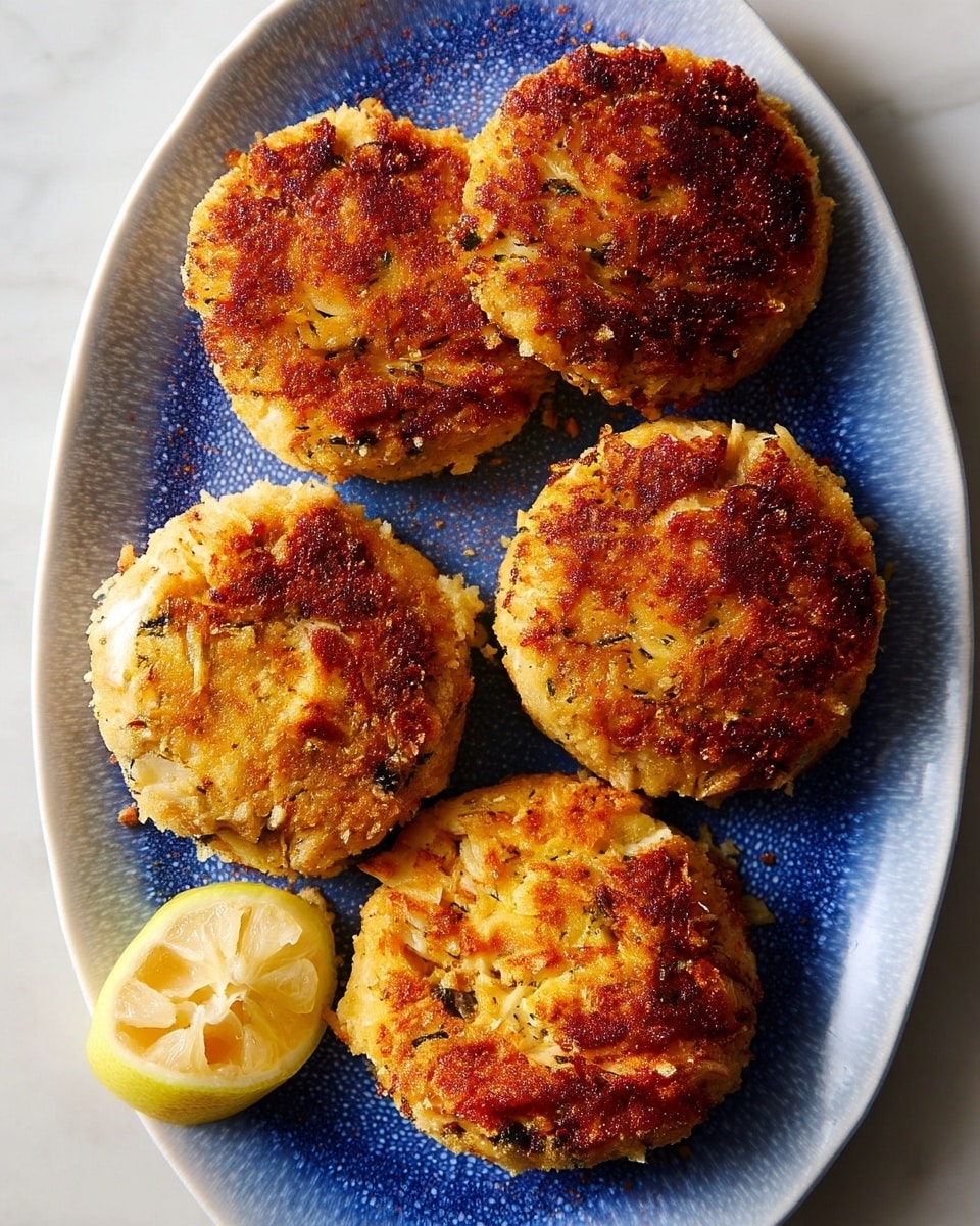 The image shows five golden brown crab cakes arranged closely on a white oval plate with a textured deep blue inner surface. Each crab cake has a rough, crispy outer layer with visible small pieces of crab meat and herbs inside, creating a slightly uneven texture. The cakes are thick and round, with a warm, toasted look on top. At the bottom left corner, half a squeezed lemon rests on a white marbled surface beside the plate. The overall scene is bright and simple, highlighting the crab cakes’ crispiness and color. Photo taken with an iphone --ar 4:5 --v 7