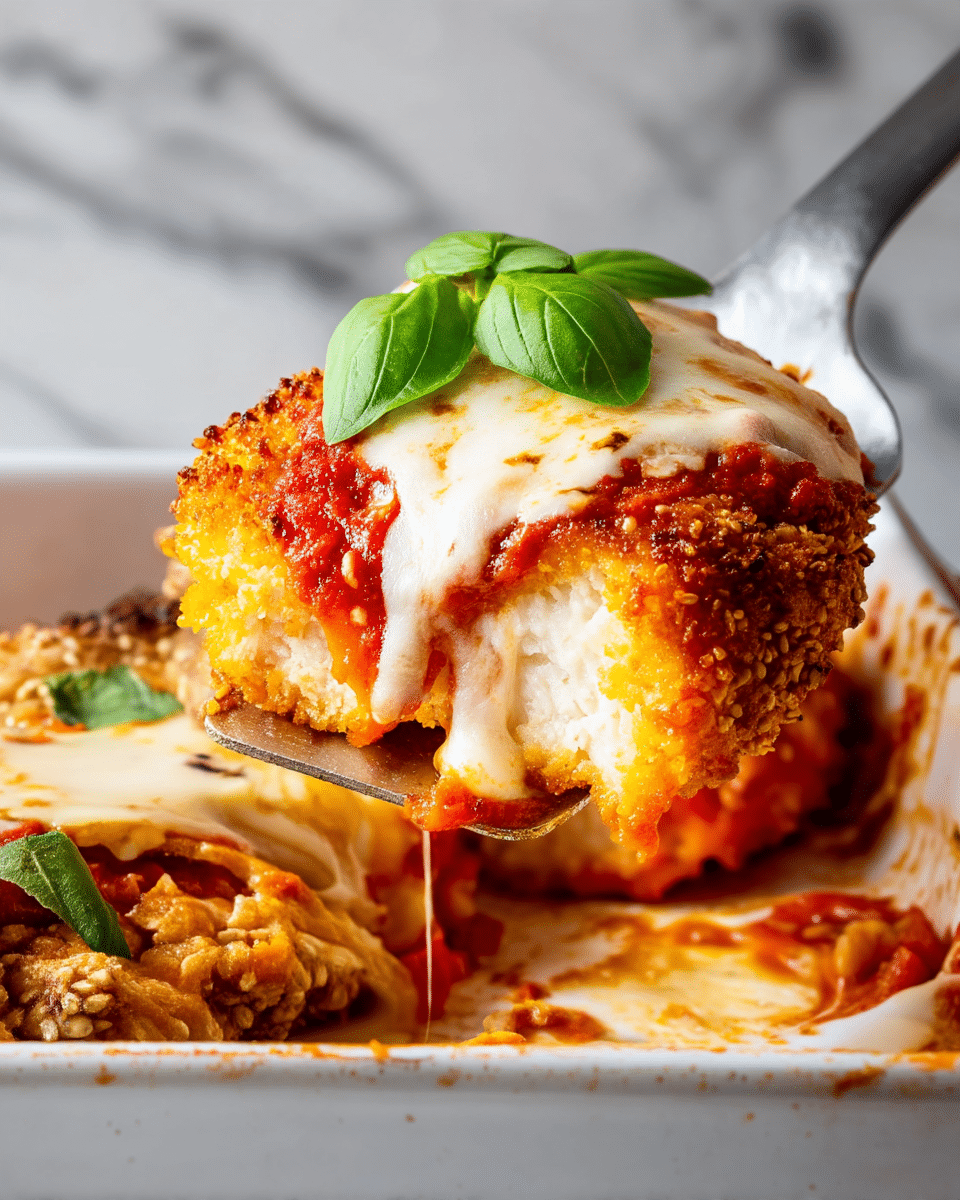 A close-up view shows a thick golden-brown crispy fried chicken piece coated with sesame seeds as the bottom layer, topped with a bright red tomato sauce layer that peeks through under a thick, melted creamy white cheese layer. A few dark green basil leaves are placed on top as garnish. The piece is being held by a silver spatula over a white baking dish, which has smears of tomato sauce and melted cheese inside. The background is a white marbled texture. photo taken with an iphone --ar 4:5 --v 7