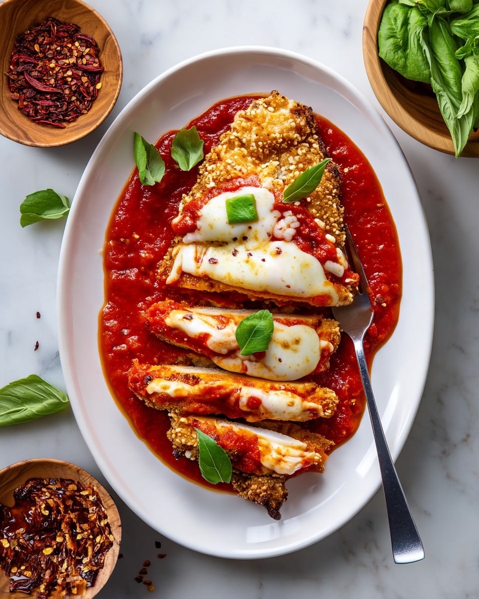 The image shows a white oval plate with a serving of crispy breaded chicken slices layered on a bed of thick, bright red marinara sauce spread evenly across the plate. Each slice of chicken is covered with a layer of melted white cheese that has smooth, slightly browned spots, and there are small green basil leaves scattered on top and around the dish. A silver fork rests at the edge of the plate partially in the sauce. The plate is set on a white marbled surface, with a wooden bowl of fresh green basil leaves and another wooden bowl filled with red chili flakes nearby. The photo taken with an iphone --ar 4:5 --v 7