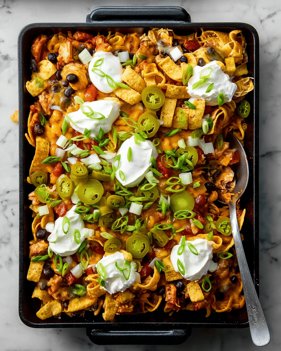 A black rectangular baking pan filled with a layered dish starting with a base of melted cheese and pieces of cooked chicken mixed with black beans and small bits of red sauce; the middle layer is covered with crunchy, yellow corn chips scattered unevenly; on top, there are sliced green jalapeños, chopped white onions, and green onion slices along with dollops of smooth, white sour cream placed in five spots. The dish has a mix of warm colors from the cheese, chicken, and sauce, contrasted with the fresh green and white garnishes, all set on a white marbled texture. A metal serving spoon rests in the right corner of the pan. Photo taken with an iphone --ar 4:5 --v 7