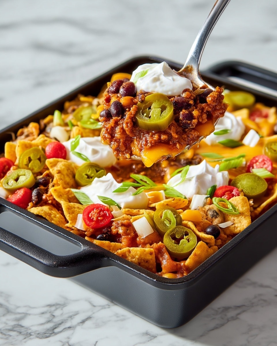 A black square pan filled with layered food starting with a base of cooked ground meat mixed with black beans and chopped tomatoes, topped by a layer of melted yellow cheese. Above this, there is a layer of golden crunchy corn chips, scattered with slices of green jalapenos, small white onion pieces, and thinly sliced green onion. Dollops of white sour cream sit on top of the corn chips, creating a creamy contrast. A spoonful is lifted above the pan, showing the mix of all layers including chips, meat, beans, tomatoes, jalapenos, onions, and sour cream, held by a silver spoon. The whole scene is placed on a white marbled surface. photo taken with an iphone --ar 4:5 --v 7