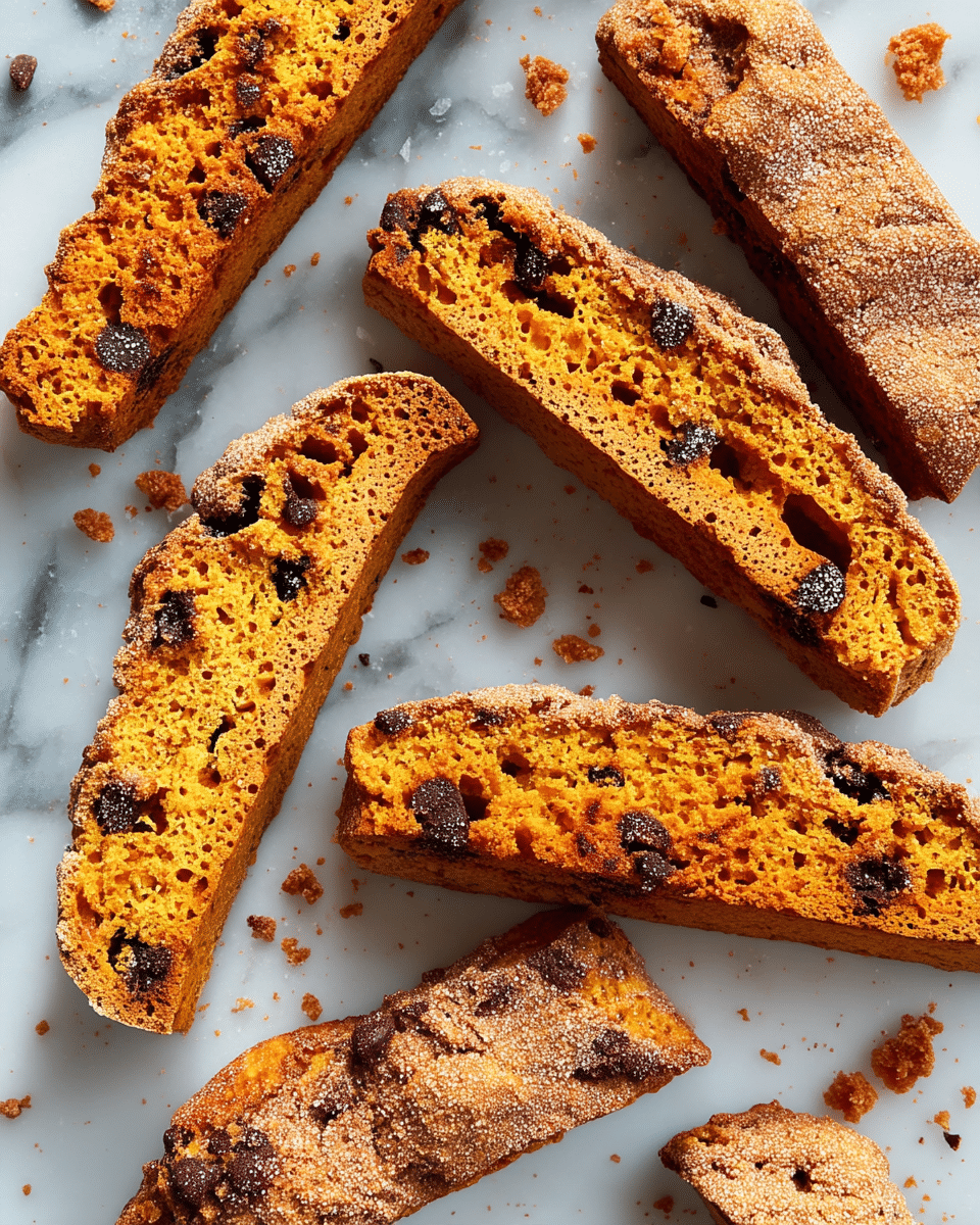 Several long, narrow biscotti with a rough, crispy golden-brown outer layer are placed on a white marbled surface. The biscotti have a crunchy texture and are filled with dark chocolate chips, which are scattered unevenly inside, adding dark spots throughout. Their inside is a warm orange-brown color, showing a dense but porous crumb. Some biscotti show a sparkling sugar coating on the crust, giving a textured, sugary finish. Crumbs are scattered around the biscotti on the white marbled surface, enhancing the homemade look. photo taken with an iphone --ar 4:5 --v 7