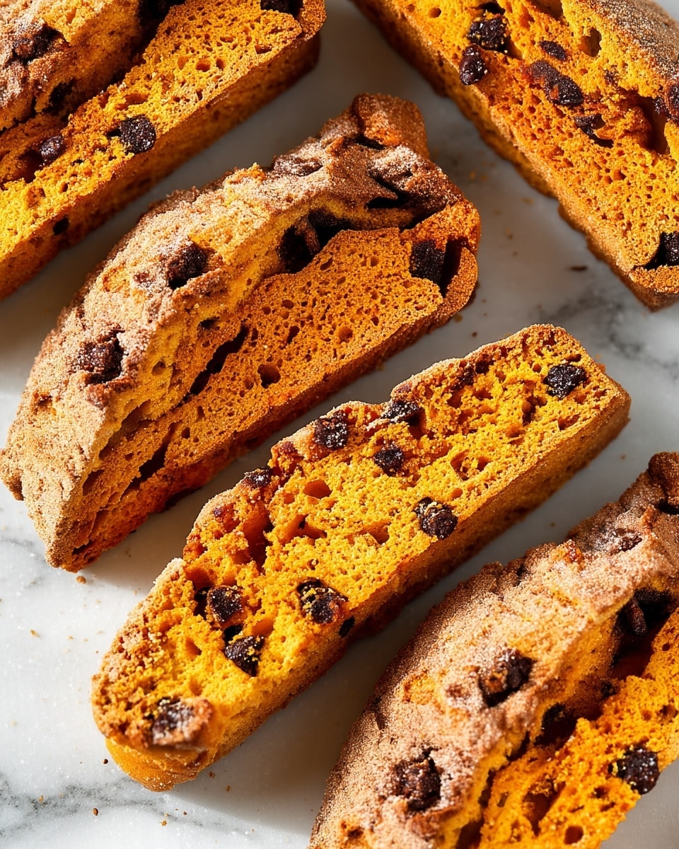 The image shows several pieces of biscotti arranged closely on a white marbled surface. Each biscotti piece has two main layers: the outer crust layer, light brown and rough with a sugar coating, and the inner crumb layer, bright orange with small dark chocolate chips scattered throughout. The biscotti are sliced lengthwise into elongated, slightly curved shapes, with some pieces overlapping each other. The texture looks crunchy and crisp on the outside while the inside appears airy and porous. Photo taken with an iphone --ar 4:5 --v 7