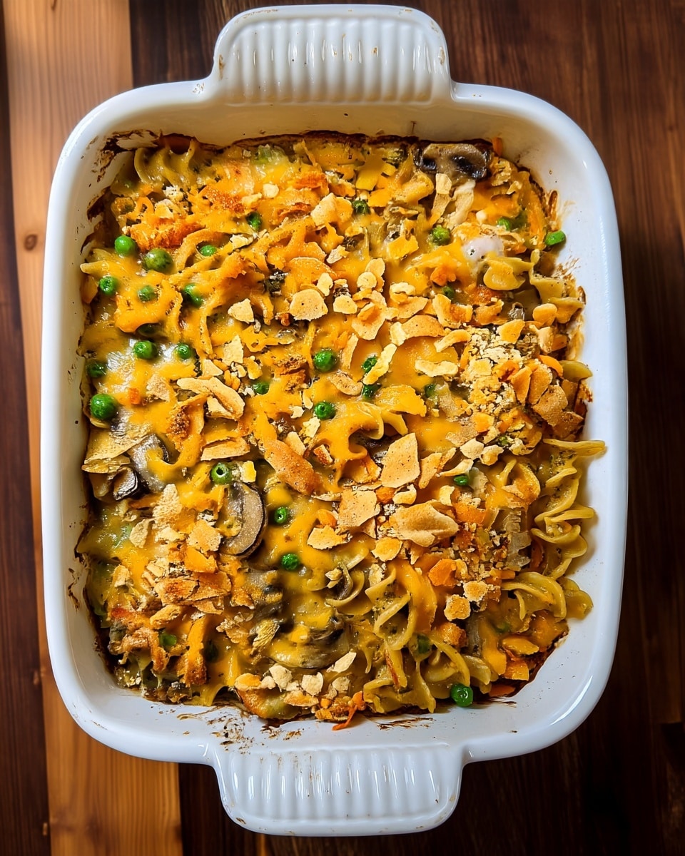 The image shows a baked casserole in a white ceramic dish with handles on each side. The top layer is golden brown with a crunchy texture, made from melted shredded cheddar cheese and crushed crackers spread unevenly. Below the top, you can see pieces of cooked mushrooms, small green peas, and creamy noodles mixed together in a thick sauce. The pasta looks soft and well-coated with a cheesy sauce, with some noodles and vegetables visible through the crumbly top. The casserole dish sits on a wooden surface. photo taken with an iphone --ar 4:5 --v 7