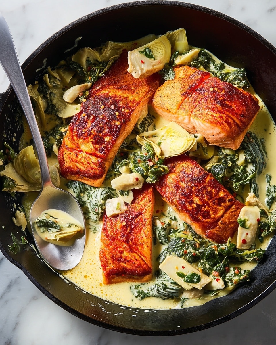 The image shows a black skillet filled with three pieces of cooked salmon, each with a crispy, reddish-brown crust, placed on top of a creamy sauce mixed with chopped dark green leafy vegetables and pale artichoke pieces. The sauce is light yellow and glossy, surrounding the salmon and filling the skillet. A silver spoon rests inside the skillet near the bottom left, scooping some of the sauce and vegetables. The skillet sits on a white marbled surface. photo taken with an iphone --ar 4:5 --v 7