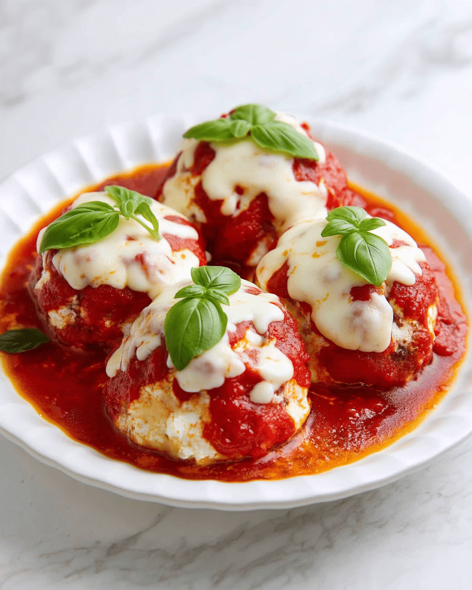The dish shows four large round mounds of food on a white fluted plate, each mound covered with three visible layers: a bottom layer of white textured filling, a middle layer of bright red tomato sauce that is slightly chunky, and a top layer of melted white cheese that is smooth and creamy. Each mound is topped with one or two fresh, bright green basil leaves, adding a pop of color on the soft, melted surface. The edges of the plate hold some extra tomato sauce pooling slightly, and the plate sits on a white marbled surface. photo taken with an iphone --ar 4:5 --v 7
