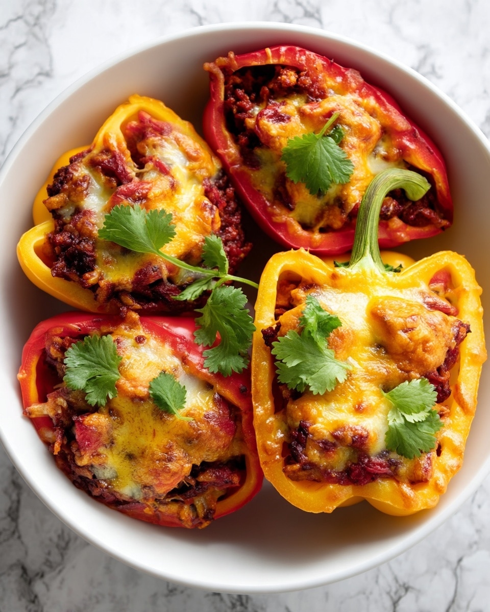 The image shows a white bowl filled with stuffed bell peppers. Each pepper is cut in half and hollowed out, with two red and one yellow pepper visible. The peppers are filled with a dark reddish-brown mixture that looks like a cooked meat or rice dish, topped with a bubbly, golden-brown melted cheese layer. Some green cilantro leaves are used as garnish on top. The bowl sits on a surface with a white marbled texture. Photo taken with an iphone --ar 4:5 --v 7