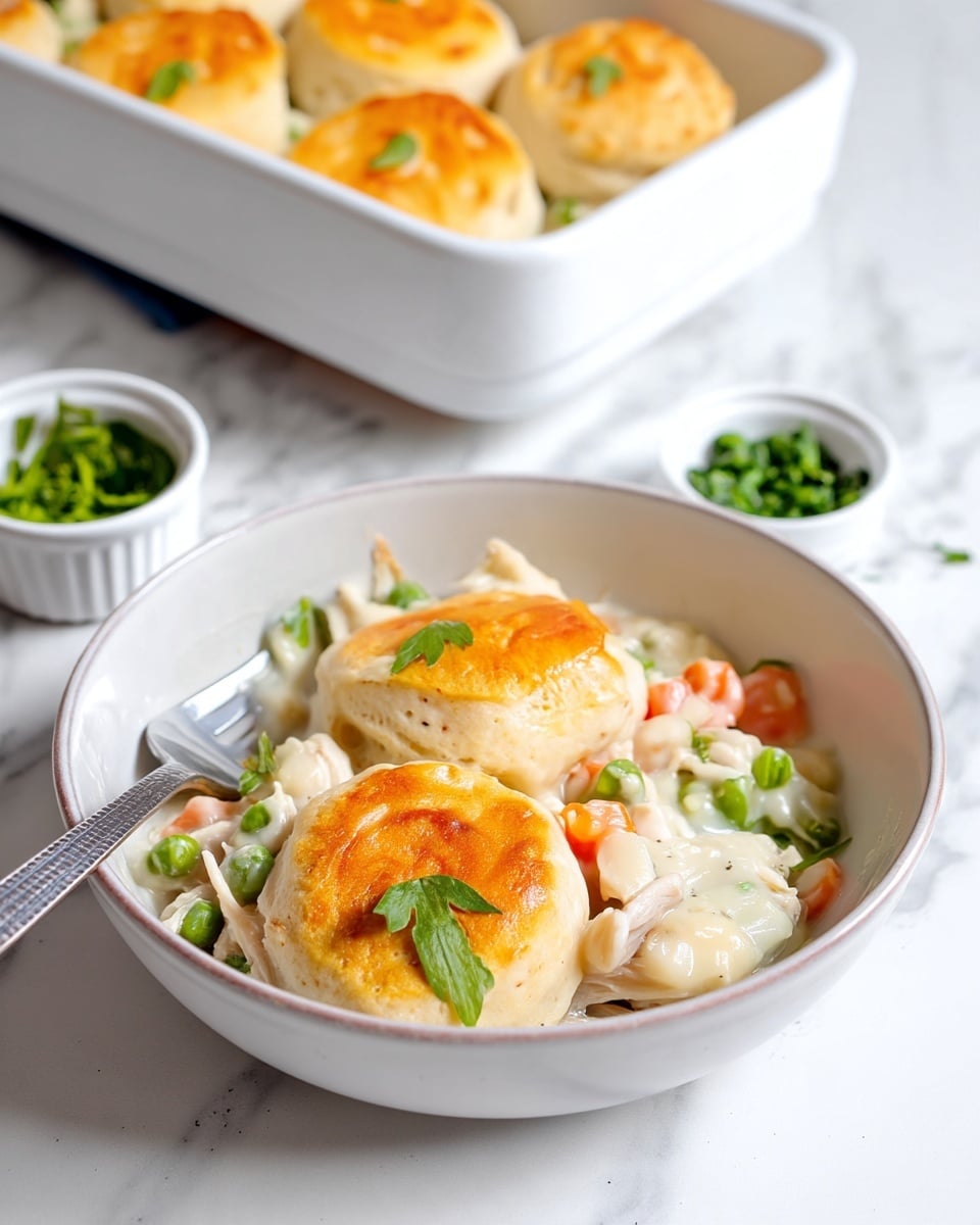 The image shows a white bowl filled with a creamy chicken and vegetable stew as the first layer, having visible chunks of white chicken, orange carrots, and green peas in a thick white sauce. On top, there are two round, golden-brown biscuits with a slightly shiny surface, each garnished with a small green leaf. A silver fork rests inside the bowl on the left side. In the background, there is a white baking dish containing more of the stew topped with similar biscuits. A small white ramekin filled with chopped green herbs sits nearby on a white marbled surface. photo taken with an iphone --ar 4:5 --v 7
