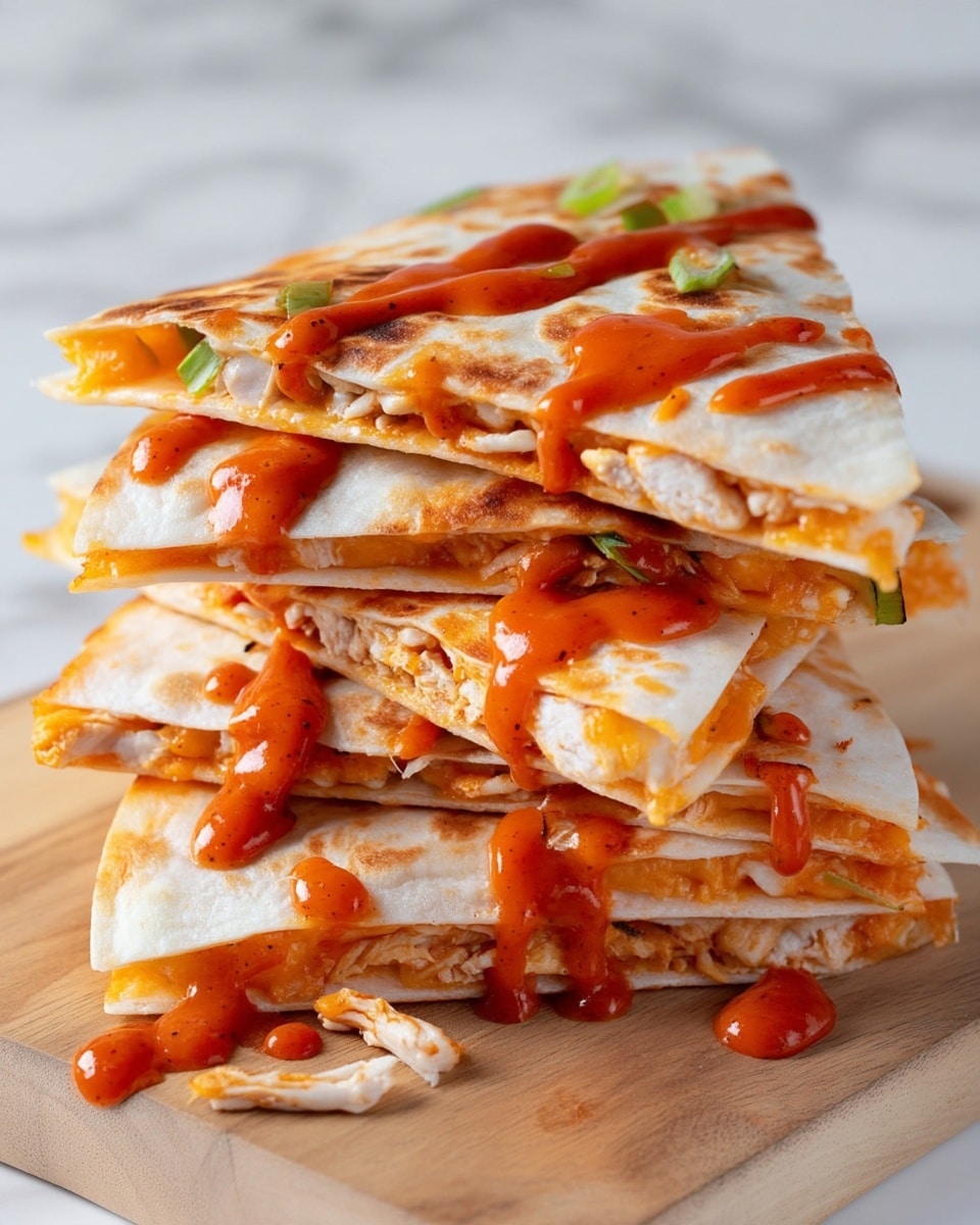 A stack of five triangular quesadilla pieces arranged on a light wood board over a white marbled surface, each piece showing slightly browned white tortillas folded over a filling of shredded white chicken and melted orange cheese, with some thin green slices visible inside. A smooth reddish-orange sauce is drizzled generously over the top and sides of the quesadilla stack, adding a glossy texture and some drips. Photo taken with an iphone --ar 4:5 --v 7