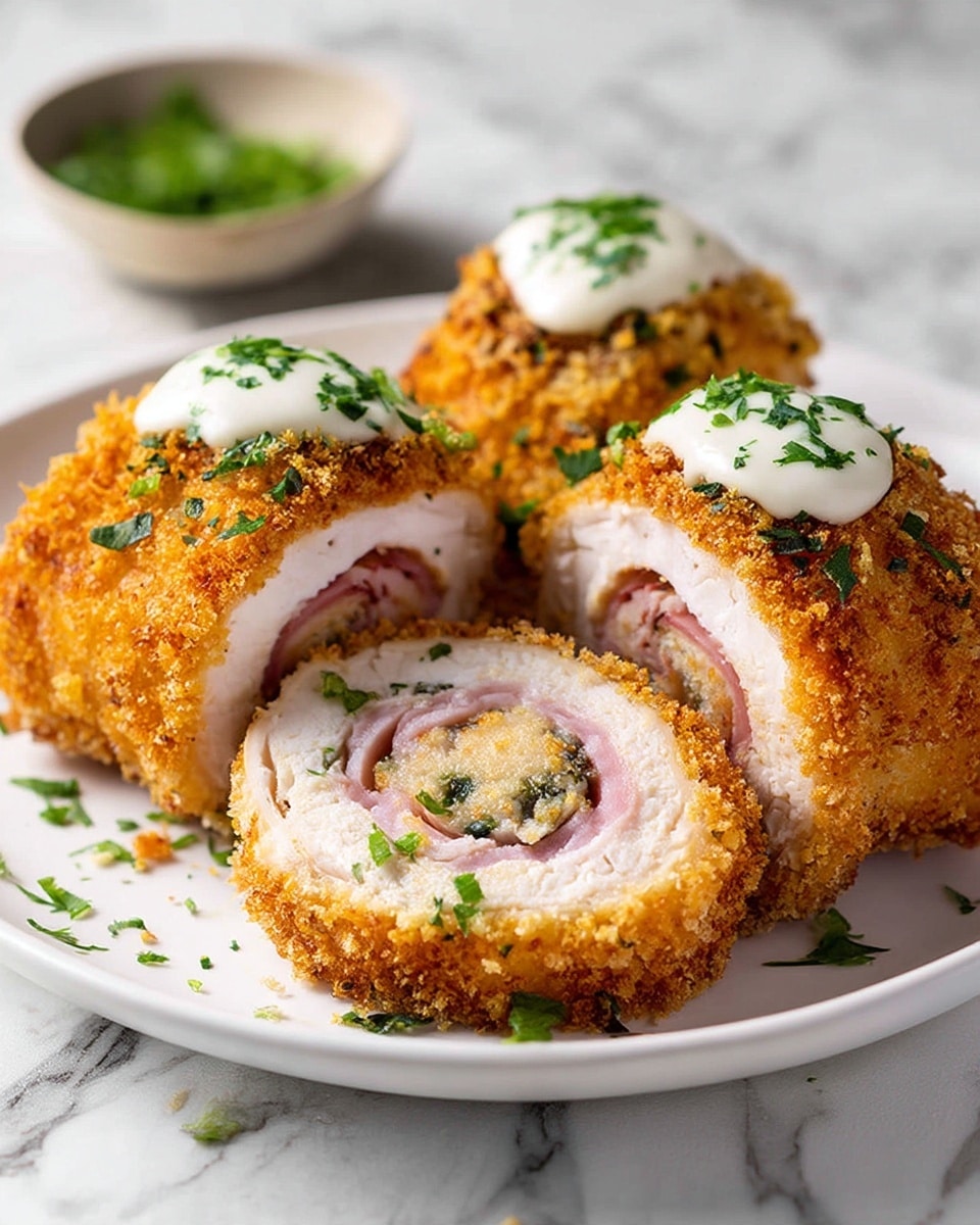A white plate holds three golden-brown breaded chicken roll-ups, each cut to show pale pink ham and light yellow melted cheese swirled inside. Each roll has a crunchy, textured crust with green herbs sprinkled on top. Creamy white sauce is spread over the roll-ups, pooling slightly on the plate, and garnished with chopped fresh parsley. Behind the plate, a white bowl with a creamy sauce and a spoon can be seen, along with a small bowl of green herbs. The setting is on a white marbled texture with a mustard yellow cloth to the right. photo taken with an iphone --ar 4:5 --v 7