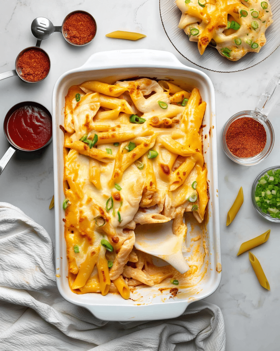 A white baking dish filled with baked penne pasta covered in a golden-brown melted cheese layer with small browned spots and sprinkled with chopped green onions on top; beneath the cheese, the penne pasta is creamy and light orange in color, mixed well with sauce. A white spoon with a wooden handle is scooping out some pasta from the bottom right corner, revealing a smooth sauce layer underneath. Around the dish are two measuring cups, one with red sauce and the other with red spice, a clear glass bowl filled with uncooked penne pasta, a small plate with more baked pasta with cheese and green onions, and a few scattered uncooked penne pieces, all set on a white marbled surface with a white cloth nearby. Photo taken with an iphone --ar 4:5 --v 7