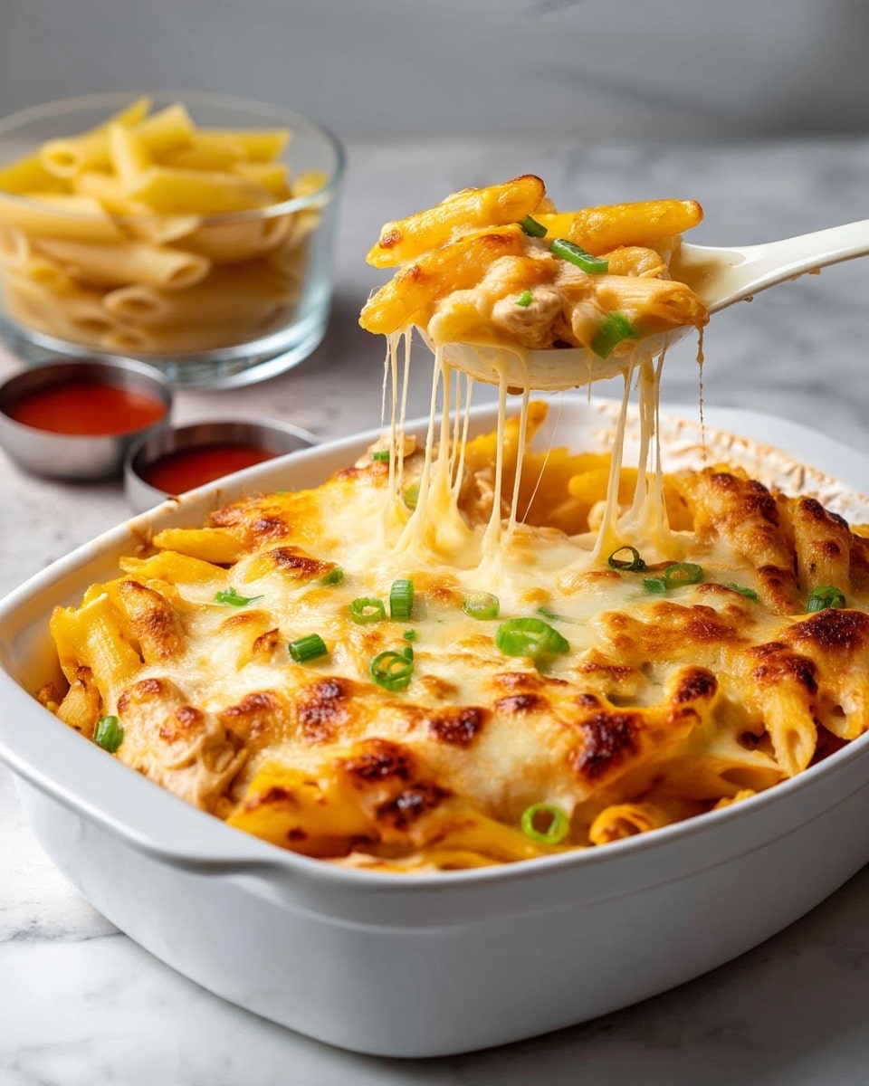 A white ceramic baking dish filled with three layers of baked penne pasta, where the bottom layer is golden-yellow cooked pasta, the middle layer is covered with melted cheese that stretches in long strings when scooped, and the top layer is lightly browned with melted cheese and small green onion pieces scattered across. The scene is set on a white marbled surface, with a spoon lifting a scoop of the cheesy pasta above the dish. In the background, there is a clear glass bowl with uncooked pasta and two small bowls of red sauce. Photo taken with an iphone --ar 4:5 --v 7