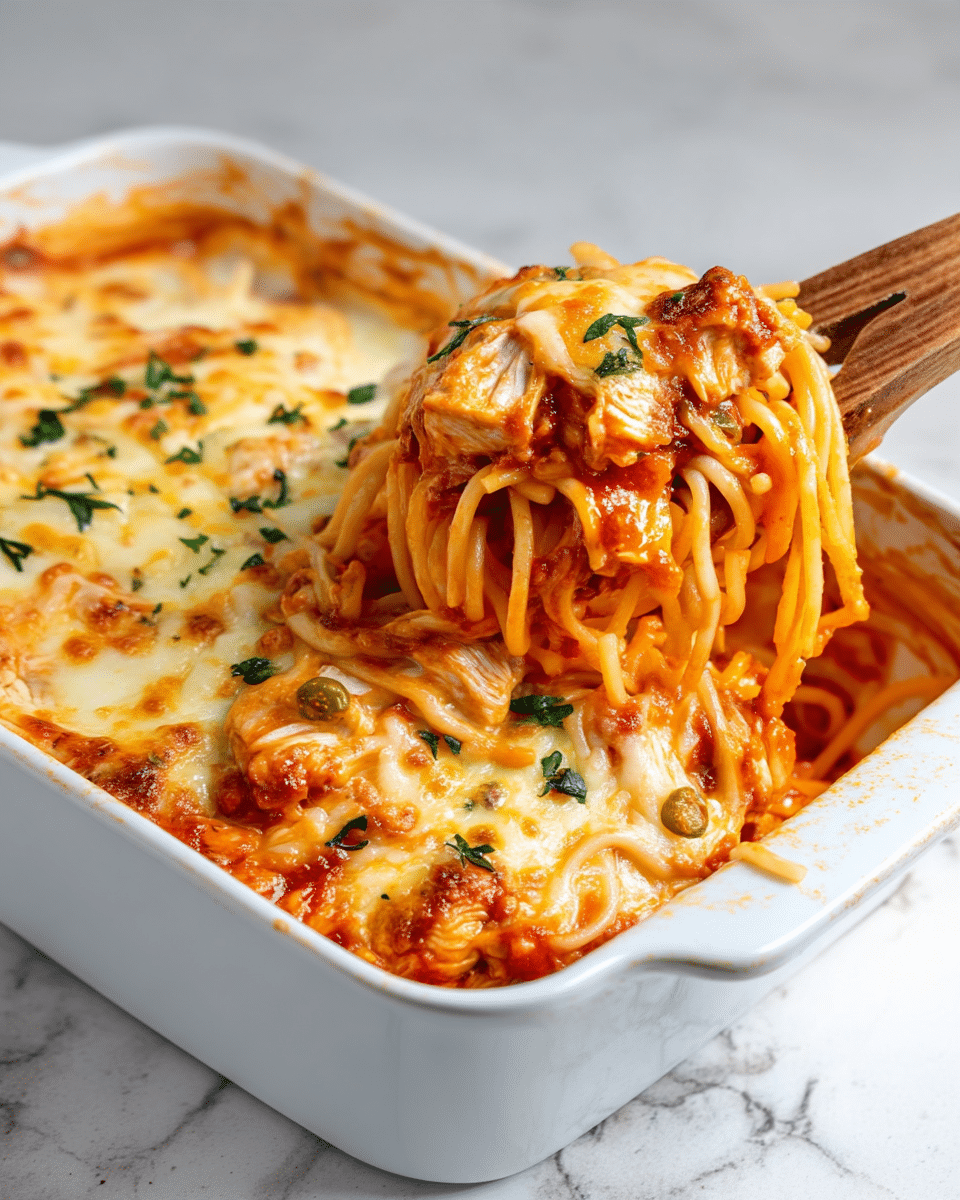 The image shows a white baking dish containing baked spaghetti layered with a rich tomato sauce mixed with pieces of chicken, topped with melted golden cheese and small bits of chopped green herbs. The top cheese layer is bubbly and slightly browned in spots, covering half of the dish. On one side, a wooden spatula lifts a portion of spaghetti noodles coated in sauce, wrapped around the spatula alongside tender chicken chunks. The dish rests on a white marbled surface. photo taken with an iphone --ar 4:5 --v 7