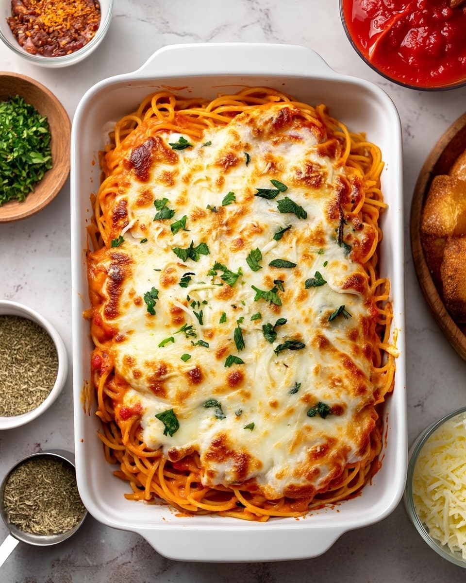 The image shows a white rectangular baking dish filled with baked spaghetti topped with melted, lightly browned cheese. The top layer is a mix of creamy, bubbly white cheese with small green herb pieces sprinkled across it. Below the cheese, there is a visible layer of orange-red tomato sauce mixed with spaghetti noodles, some of which are slightly peeking out on the edges. The dish looks warm and cheesy, with a slightly crispy edge. It sits on a white marbled surface, with small bowls nearby containing shredded cheese, tomato sauce, and dried herbs. photo taken with an iphone --ar 4:5 --v 7