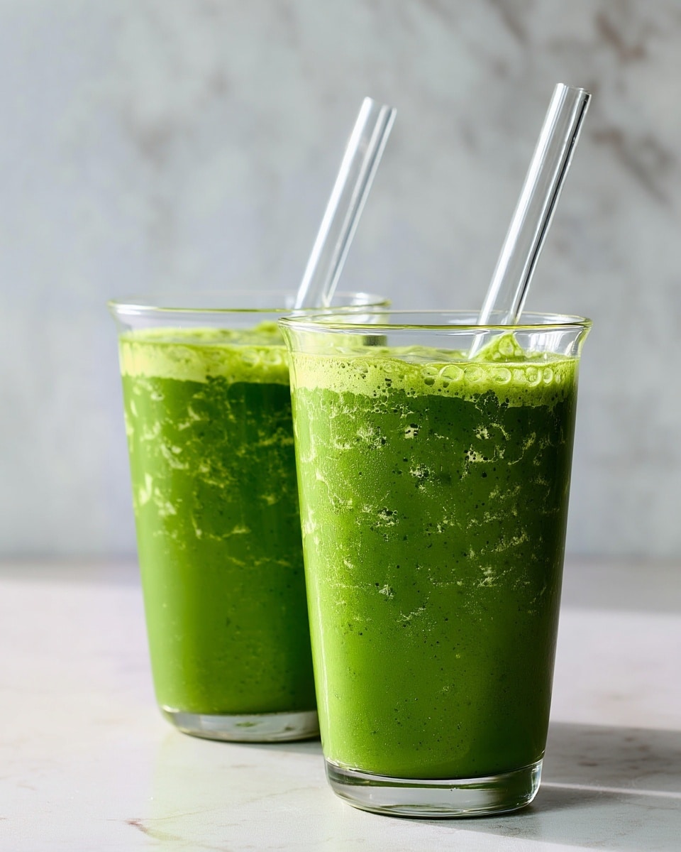 Two clear glasses are filled with a thick green smoothie that has light frothy bubbles on the top layer and a slightly textured, denser green layer below it, showing small bits of blended ingredients. Each glass has a transparent straw inside. The glasses sit on a white marbled surface with a soft, clean background. photo taken with an iphone --ar 4:5 --v 7
