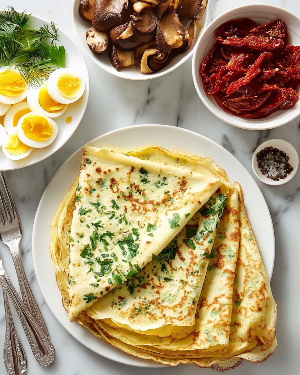 A stack of thin crepes with bright green herbs cooked inside sits in the center on a white plate, with each crepe showing a light golden-brown color and soft texture; one crepe is folded over on top in a triangular shape, revealing the herbs' freshness. To the left, there is a white plate with slices of boiled eggs showing bright yellow yolks and fresh green herbs around them, while above that, a white bowl holds assorted sautéed mushrooms in various shades of brown with a slightly shiny surface. On the right side, a small white bowl is full of deep red sun-dried tomatoes with a glossy texture, flanked by three small white bowls containing coarse salt and pepper. Silver fork and knife are nearby on a white marbled surface. Photo taken with an iphone --ar 4:5 --v 7