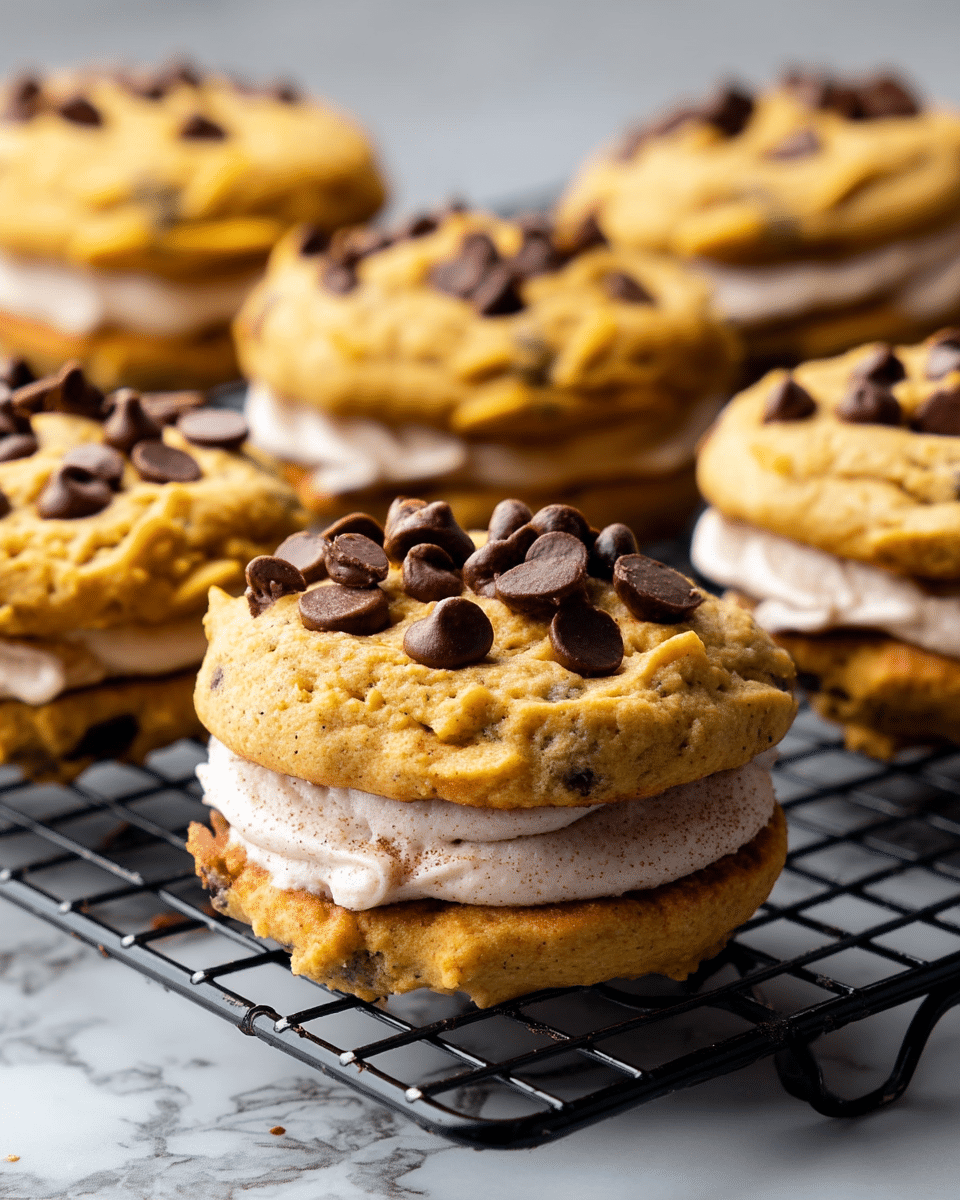 The image shows a close-up of several oatmeal chocolate chip cookie sandwiches on a black wire cooling rack over a white marbled surface. In the front and center, there is one cookie sandwich with three visible layers: a golden-brown oatmeal chocolate chip cookie base, a thick and creamy light beige frosting swirled on top with a smooth texture and specks of cinnamon, and no top cookie yet. In the background, there are more cookie sandwiches with two golden oatmeal chocolate chip cookie layers, each topped with dark chocolate chips scattered unevenly. The cookies have a rough and slightly crumbly texture, contrasting with the soft frosting inside. Photo taken with an iphone --ar 4:5 --v 7