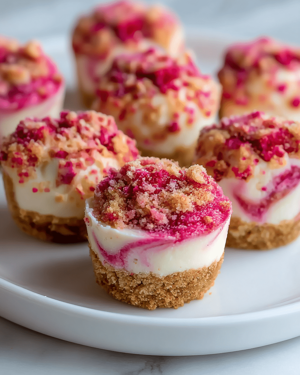 A close-up view of round dessert bites arranged on a white plate, each featuring three layers: the bottom layer is a rough, crumbly light brown crust; the middle layer is smooth and creamy white with visible swirls of bright pink, creating a marbled effect; the top layer is a coarse crumb topping mixed with pink and light brown crumbs, giving a textured look. The desserts are tightly packed together, with one in the front sharply in focus and others softly blurred in the background, all sitting on a white marbled surface. photo taken with an iphone --ar 4:5 --v 7
