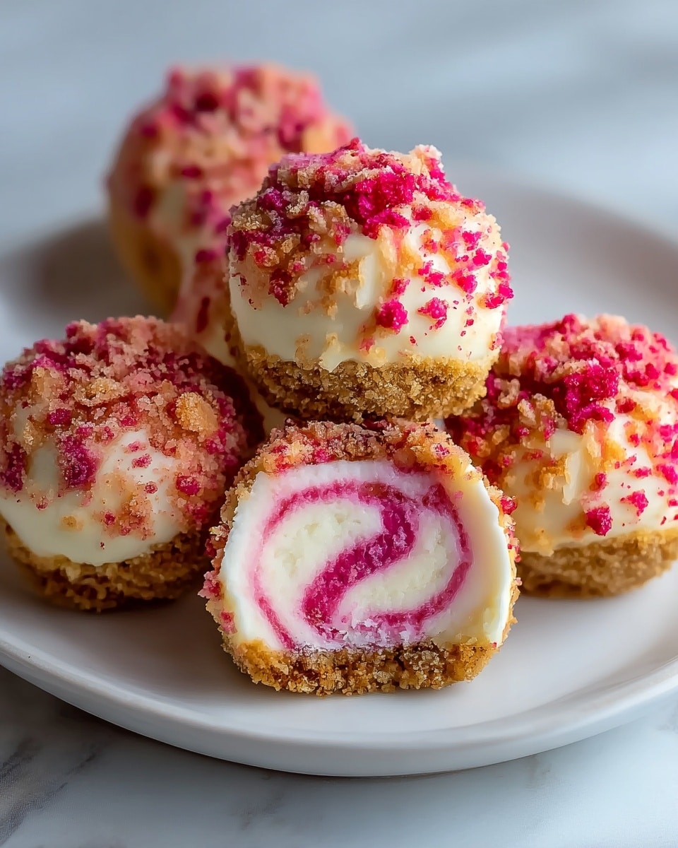 The image shows small round dessert balls with three distinct layers: a crumbly golden-brown base at the bottom, a smooth white creamy middle layer with pinkish-red swirls forming a spiral pattern, and a crumbly topping with mixed golden and bright pink crumbs covering the top and sides. The desserts are placed on a white plate set on a white marbled surface. One dessert in the front is cut open, showing the swirled interior clearly, with a soft texture inside and a crunchy outer crumb layer. Photo taken with an iphone --ar 4:5 --v 7