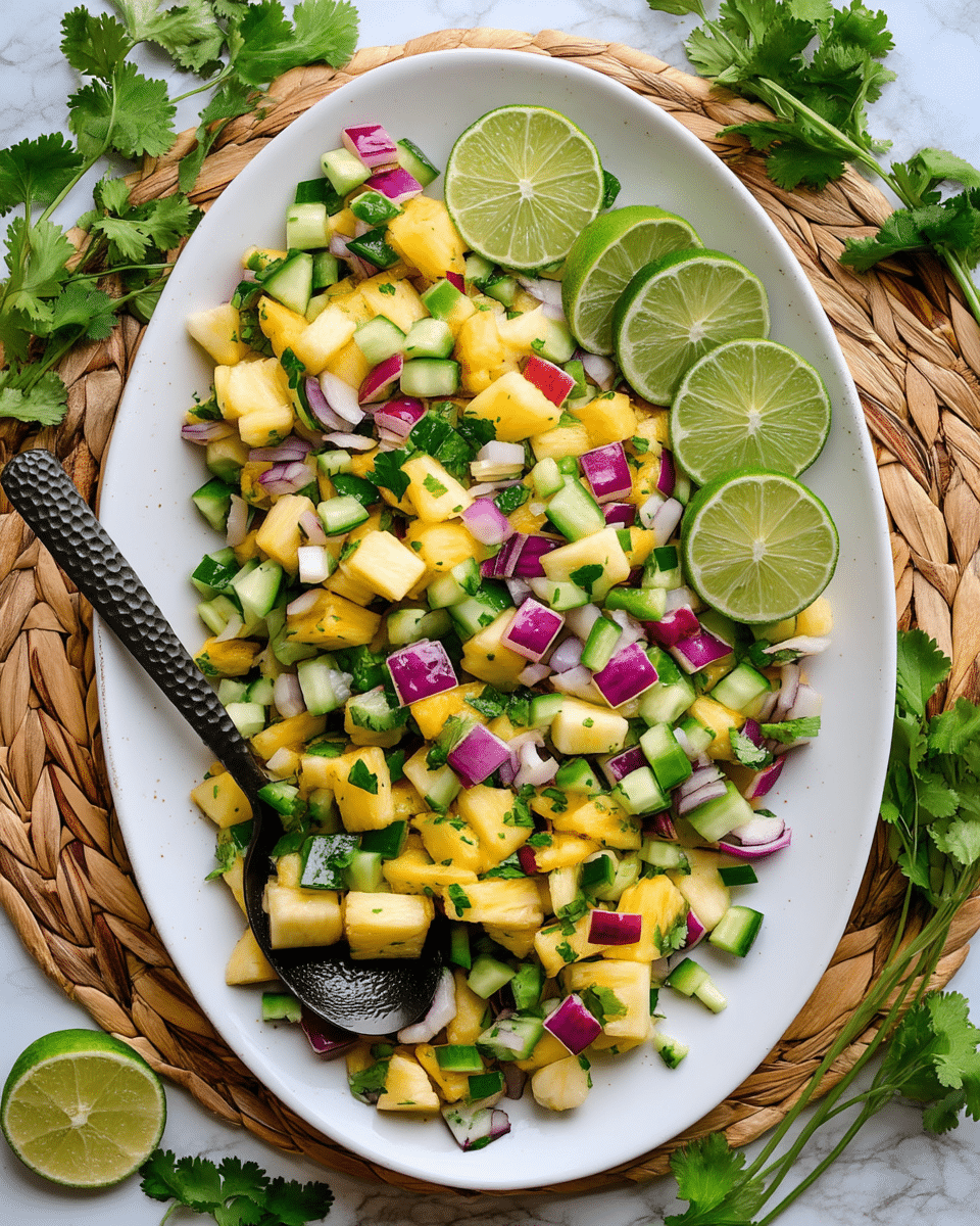A white oval plate filled with a fresh salsa mixed in three layers: at the bottom is a layer of small yellow pineapple chunks, followed by bright green cucumber pieces and purple-red onion cubes scattered evenly throughout, all topped with small green cilantro leaves. On the right side of the plate, there are three lime wedges, one of which is cut in half showing the detailed sections inside. A black textured spoon is partially inserted into the salsa on the left side, with the handle resting on the plate edge. The plate is set on a woven straw mat with some sprigs of cilantro and lime halves around it, all on a white marbled texture surface. photo taken with an iphone --ar 4:5 --v 7