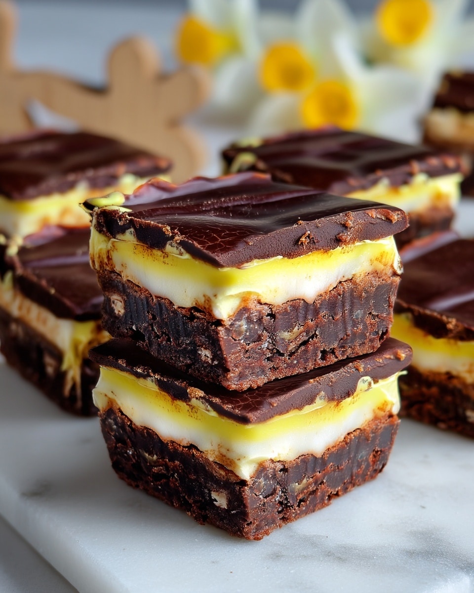 The image shows squares of a layered dessert stacked on a white marbled surface. Each square has three visible layers: a thick dark brown base layer with a rough, dense texture, a middle layer of smooth, pale yellow cream, and a top layer of glossy dark chocolate with a slightly cracked surface. The squares are arranged closely, some pieces slightly overlapping each other. In the background, blurry wooden pieces with yellow flower decorations can be seen. Photo taken with an iphone --ar 4:5 --v 7