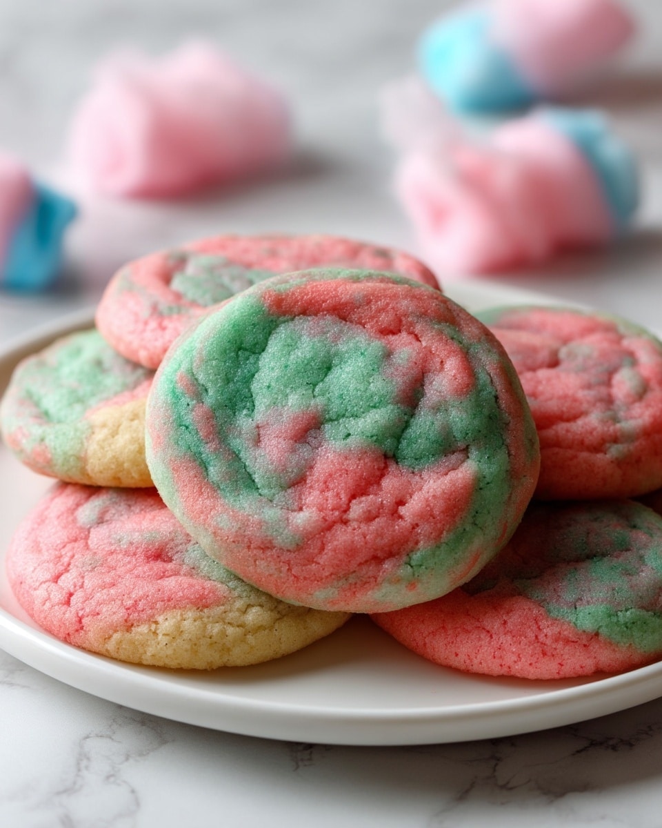 A close-up view of a pile of round, soft cookies with a marbled pattern of pink and green colors swirled together over each cookie's surface, showing a slightly textured and delicate crumb. The cookies are stacked on a white plate with hints of pink and blue cotton candy pieces placed around the edges, all set against a white marbled texture in the background. The photo has bright daylight giving the cookies a fresh and inviting look photo taken with an iphone --ar 4:5 --v 7