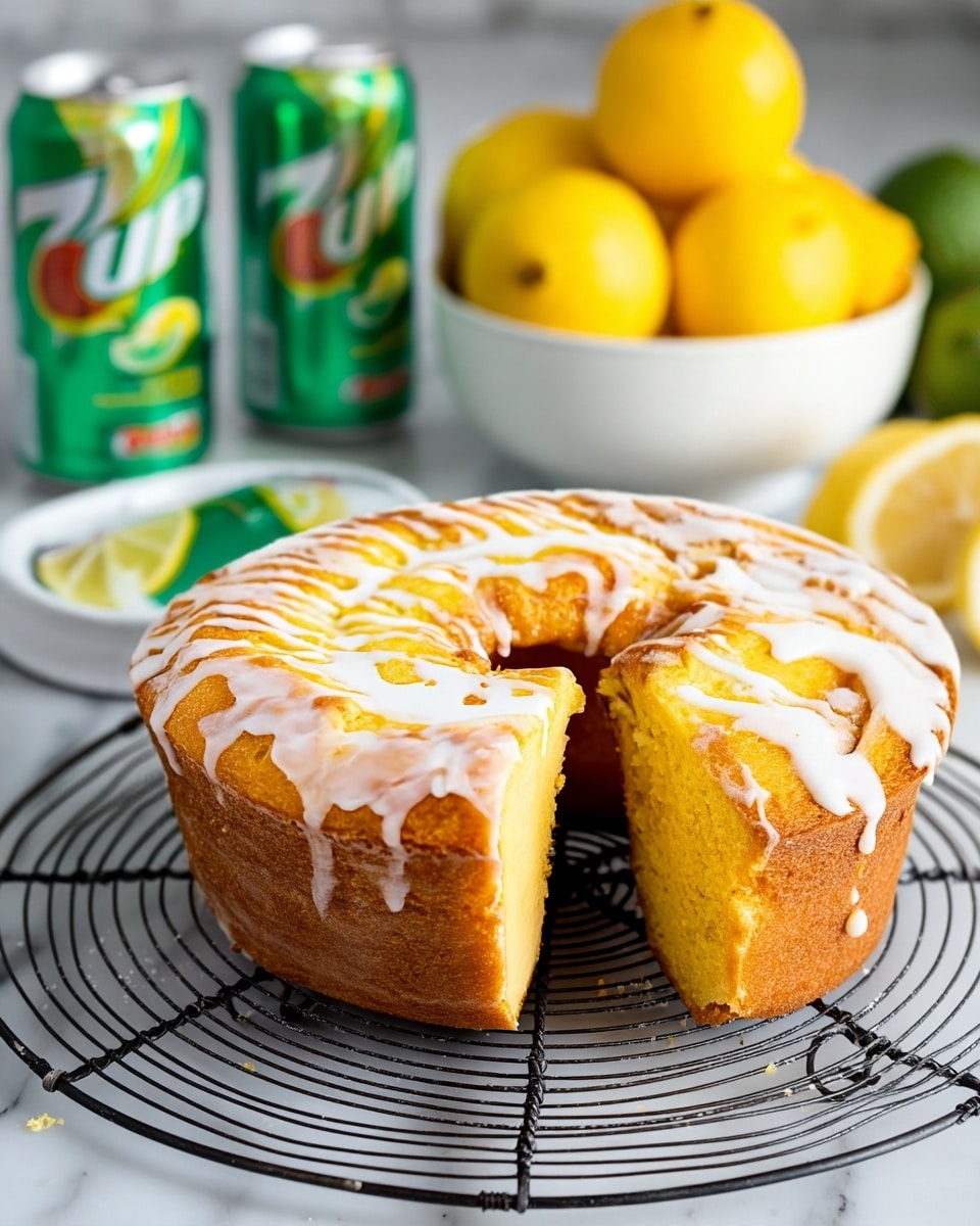 A round, single-layer yellow sponge cake with a moist texture sits on a black wire cooling rack. The cake is topped with thin white icing drizzled unevenly, dripping slightly down the sides. One slice of cake is removed and positioned near the top right on a white plate, showing the soft, crumbly inside. In the background, a white bowl filled with bright yellow lemons is to the left, while two cans of green 7UP soda, an upright sliced lemon, and some blurred greens are in the background to the right. The whole scene is set on a white marbled surface. photo taken with an iphone --ar 4:5 --v 7