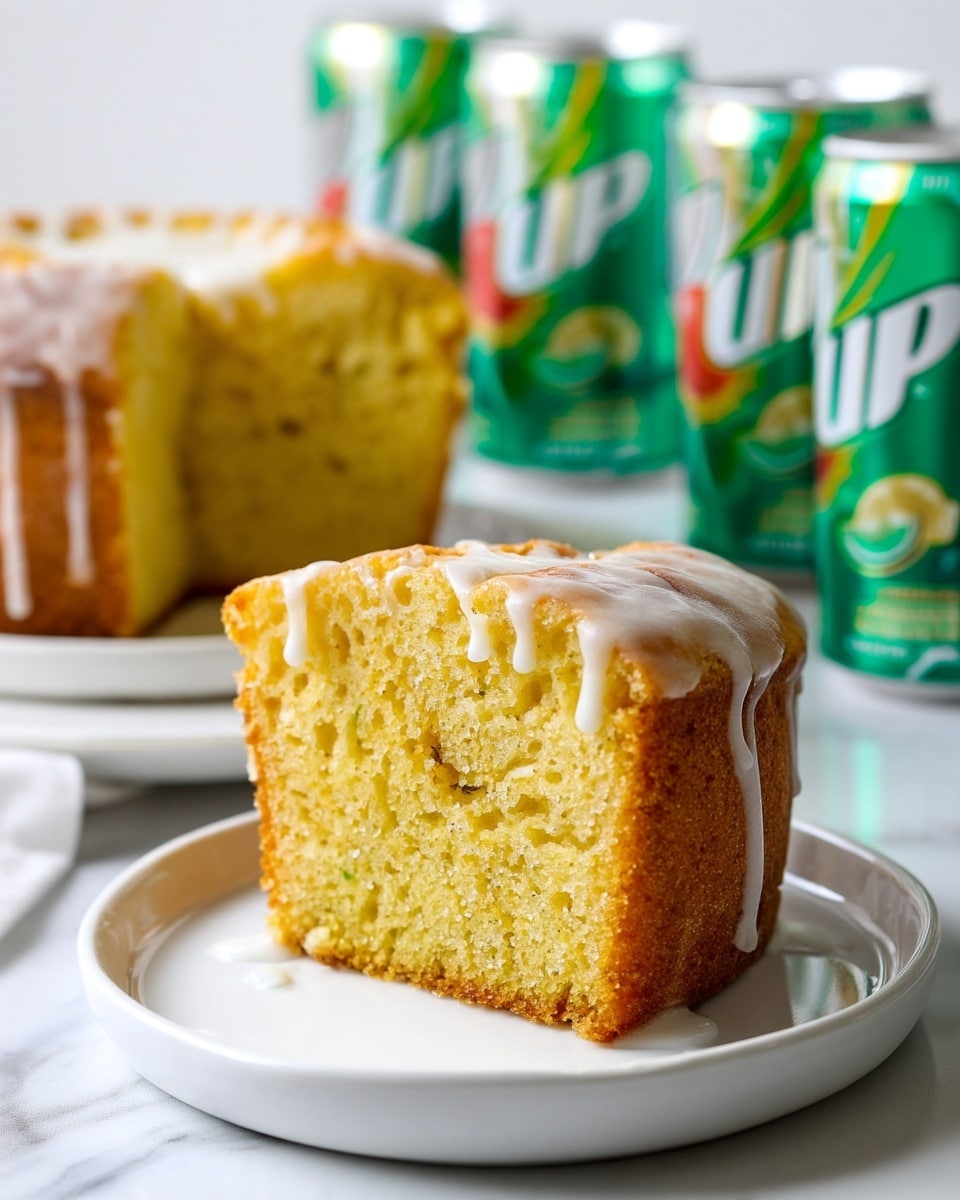 A close-up of a moist yellow cake slice with a light crumb texture, topped and drizzled with a thin white glaze that drips slightly down the sides, sitting on a white plate. In the background, a whole yellow cake with the same glaze is partially visible, along with several green 7UP cans placed behind the cakes. The scene is set on a white marbled surface, creating a clean and fresh look. photo taken with an iphone --ar 4:5 --v 7