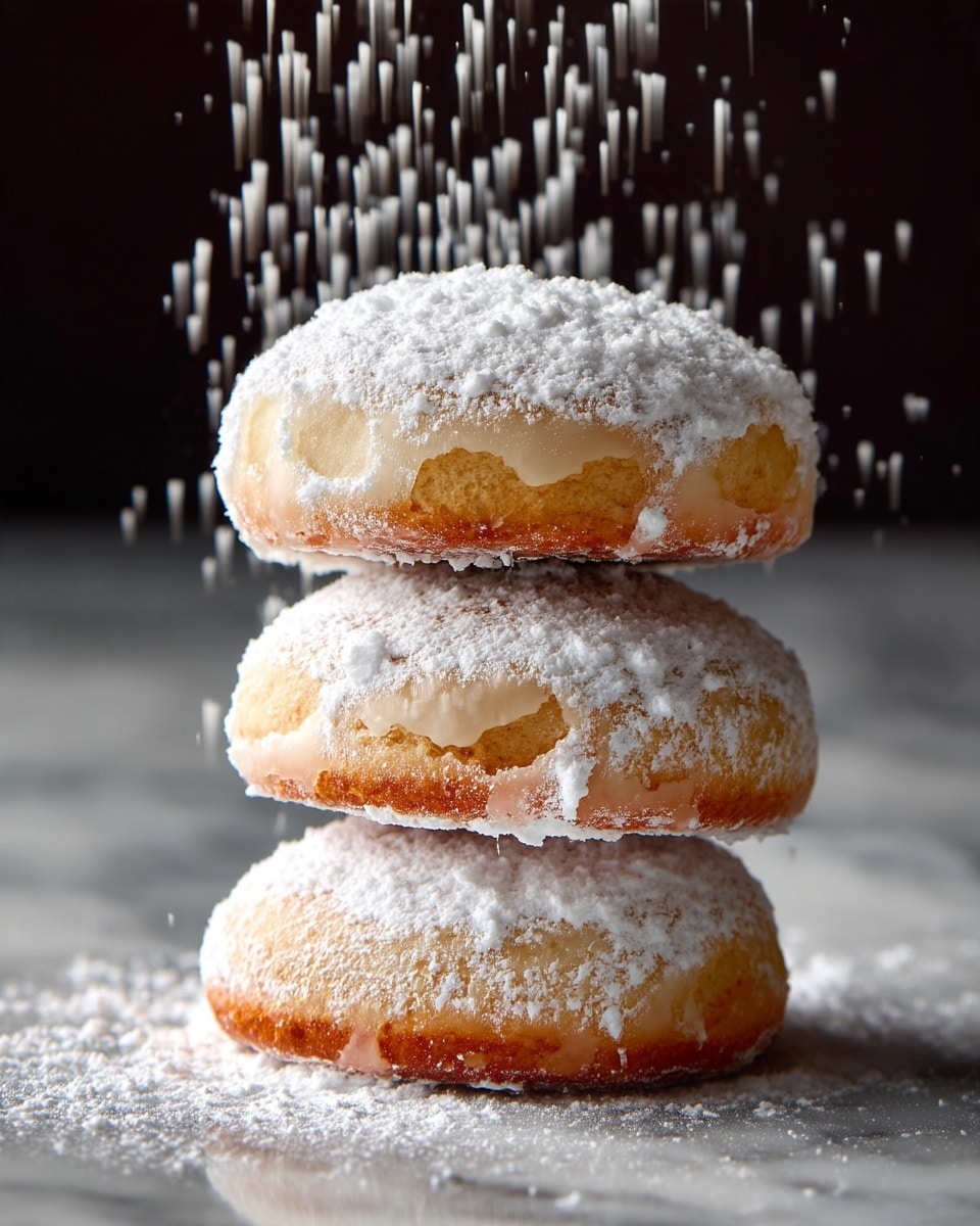 A stack of four round pastries is shown on a white marbled surface, with the top pastry in focus and being dusted with white powdered sugar falling from above. Each pastry has a light golden-brown crust covered in a thick layer of white powdered sugar, giving a soft, powdery texture. The pastries look soft and slightly puffy, with a few rough edges visible. The background is dark, making the pastries and falling sugar stand out clearly. Photo taken with an iphone --ar 4:5 --v 7