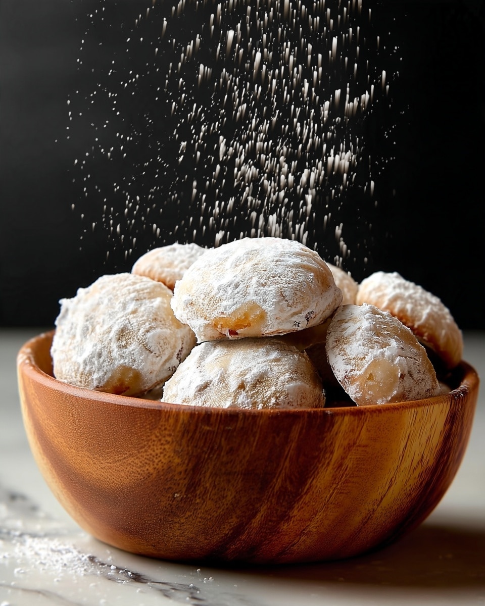 A close-up view of a wooden bowl filled with small round cookies, each covered in a thick white layer of powdered sugar that gives them a snowy look. The cookies have a light golden-brown base showing underneath the sugar, and more powdered sugar is falling gently from above, creating a soft dusting effect. The bowl sits on a white marbled surface with a dark black background that makes the white powdered sugar stand out even more. photo taken with an iphone --ar 4:5 --v 7