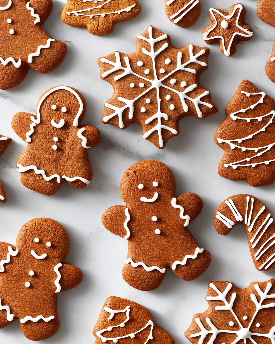 A group of gingerbread cookies lies flat on a white marbled surface, each one brown with a slightly rough texture typical of baked gingerbread. The cookies come in various shapes including smiling gingerbread people decorated with white icing outlining their bodies and making simple facial features and buttons, snowflakes with detailed white icing lines creating symmetrical patterns, stars with a white outline, Christmas trees adorned with zigzag white icing, and candy cane shapes with diagonal white striping. Each cookie has a single flat brown layer with white icing on top as decoration. The overall scene is bright and festive. photo taken with an iphone --ar 4:5 --v 7