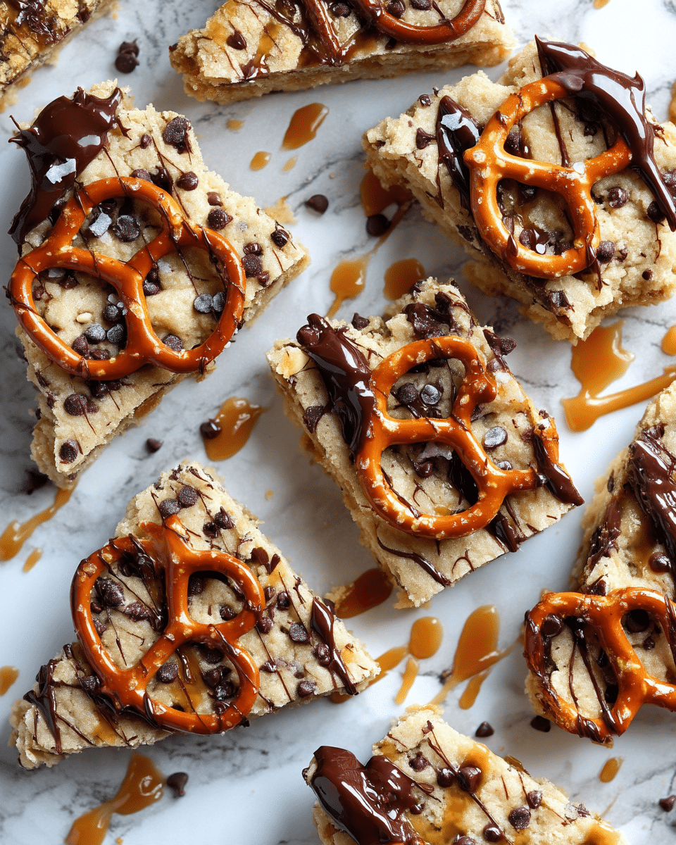 The image shows several broken pieces of cookies scattered on a white marbled surface. Each cookie piece has a crumbly, light beige base with small dark chocolate chips mixed throughout. On top of the cookies are large, whole pretzel pieces with a smooth, shiny brown crust. There are also glossy drizzles of melted dark chocolate and sticky caramel sauce spread unevenly over the cookies and pretzels. The texture of the cookies looks soft and slightly chewy, with some bite marks on a few pieces, exposing the light interior. The overall look is messy but inviting, with a mix of rough cookie crumbs, shiny chocolate, and salty pretzels. photo taken with an iphone --ar 4:5 --v 7