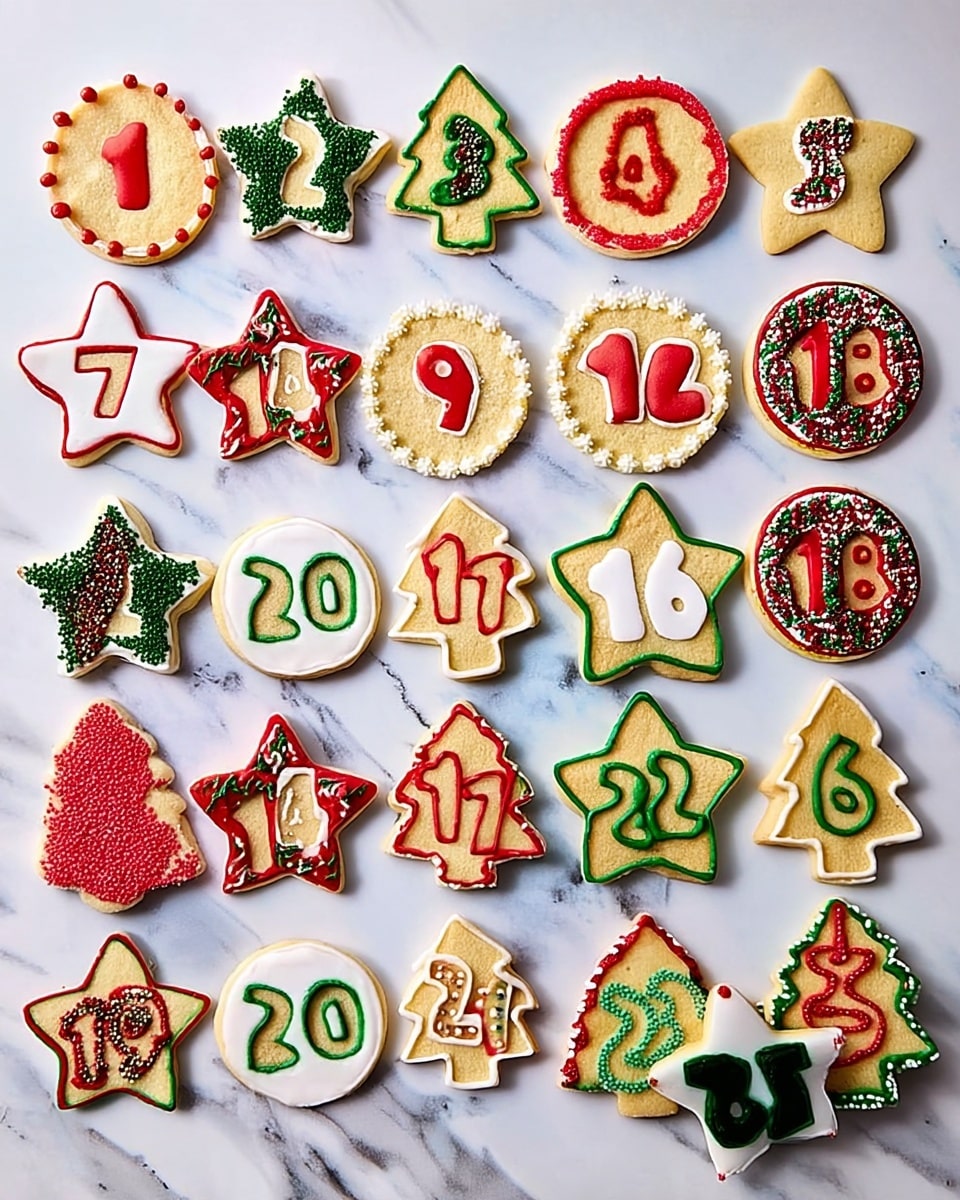 A set of 24 Christmas-themed sugar cookies is arranged neatly in rows on a white marbled surface. The cookies come in round, star, and Christmas tree shapes, each decorated with colorful icing and sprinkles marking the numbers 1 through 24. The colors of the decorations are mainly red, green, and white, with some cookies having borders of tiny round sprinkles while others have solidly piped numbers or outlines. The textures vary between smooth icing, dotted borders, and sprinkles, giving a festive feel. Each cookie is distinct but together they form a cohesive holiday countdown set. photo taken with an iphone --ar 4:5 --v 7